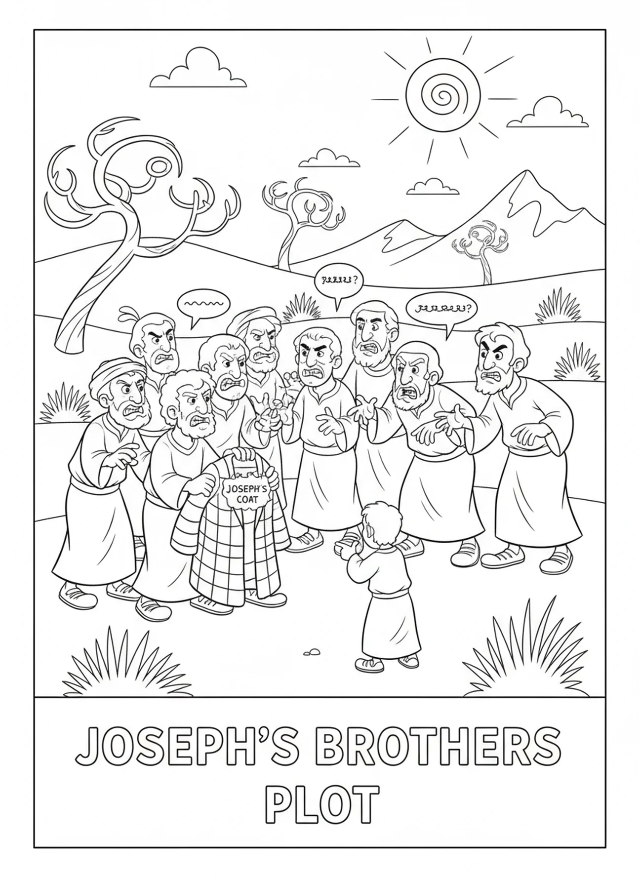 Josefs Brüder planen, Ausmalbild von Joseph für Kinder im Alter von 5-10 Jahren