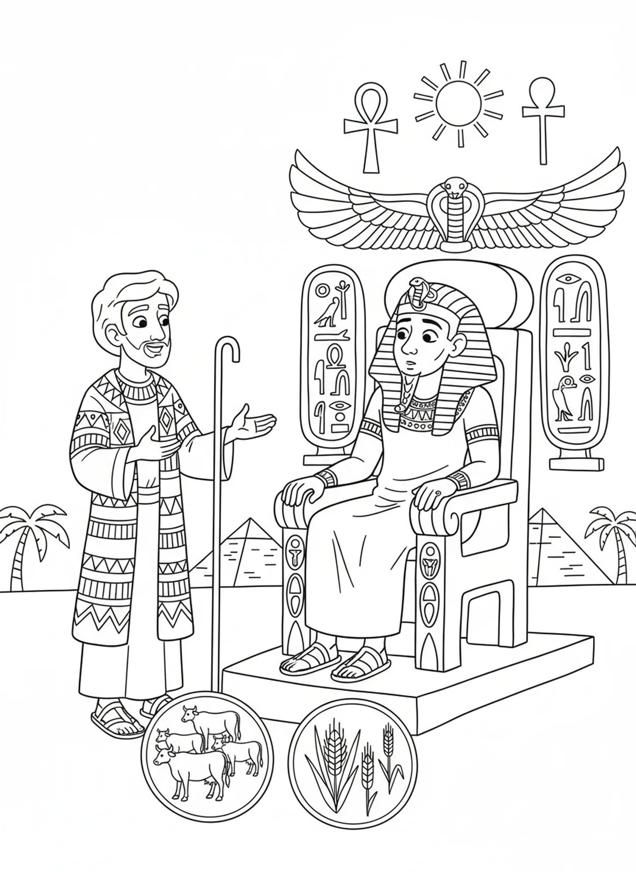 Josef deutet die Träume des Pharao, Ausmalbild für Kinder im Alter von 5-10 Jahren