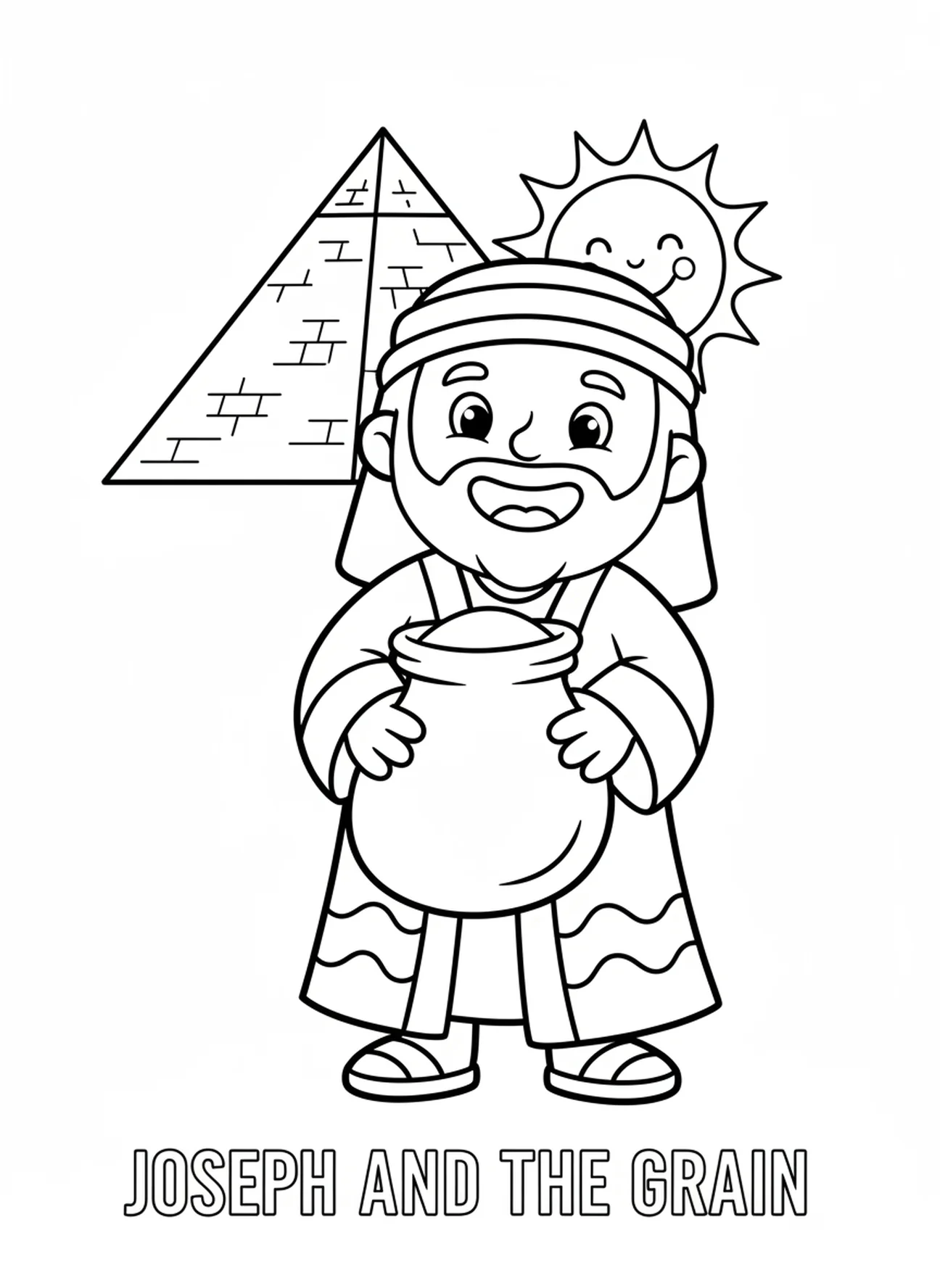 Smiling Joseph with grain sack, Joseph coloring page for preschoolers age 3-5