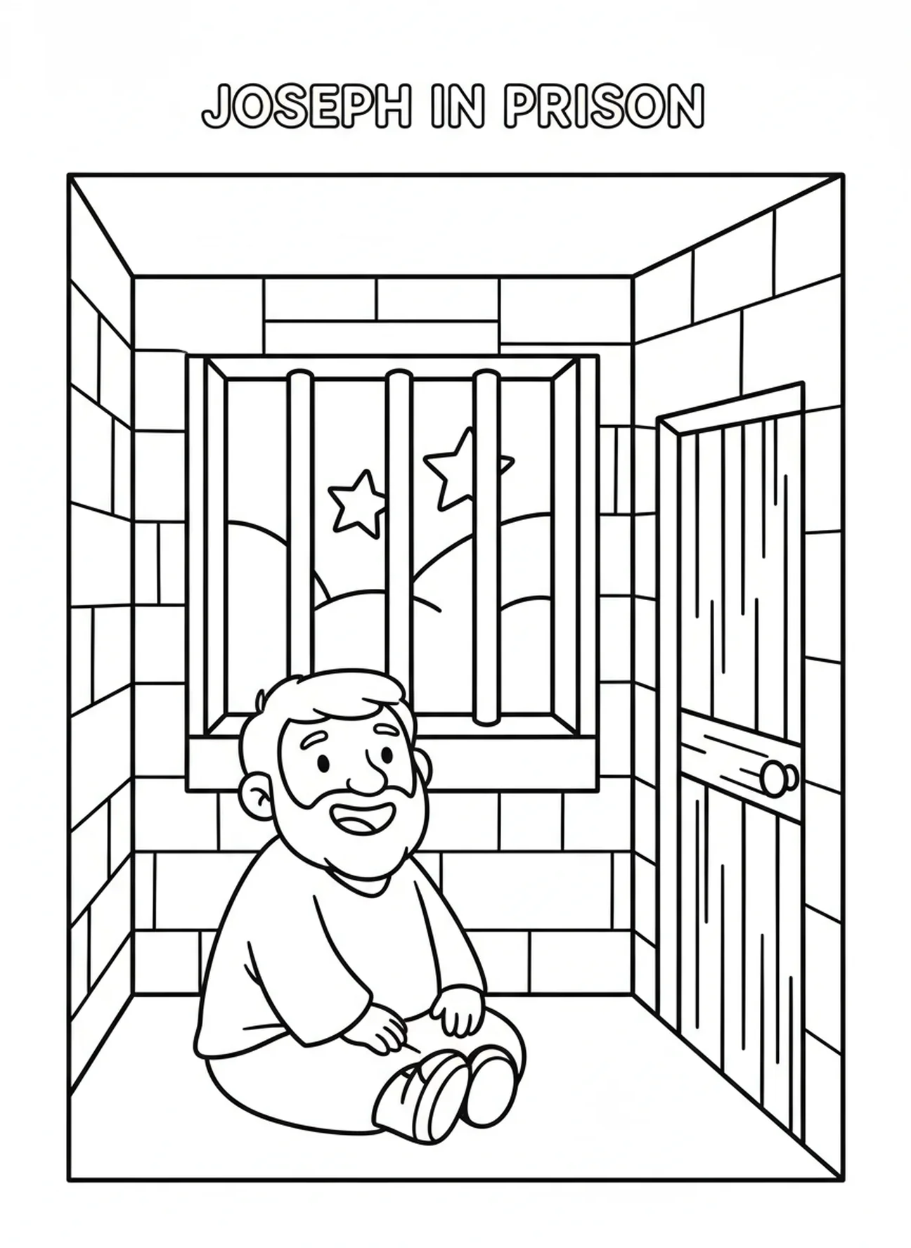 Smiling Joseph in jail cell, Joseph coloring page for preschoolers age 3-5