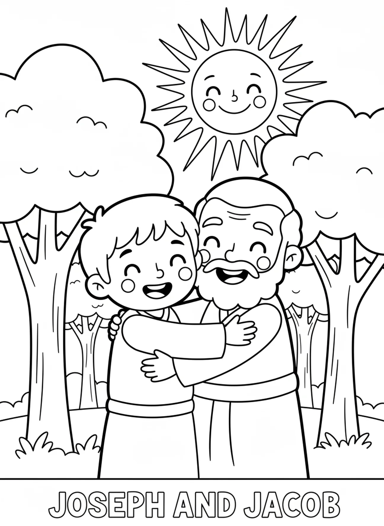 Smiling Joseph embracing Jacob, Joseph coloring page for preschoolers age 3-5