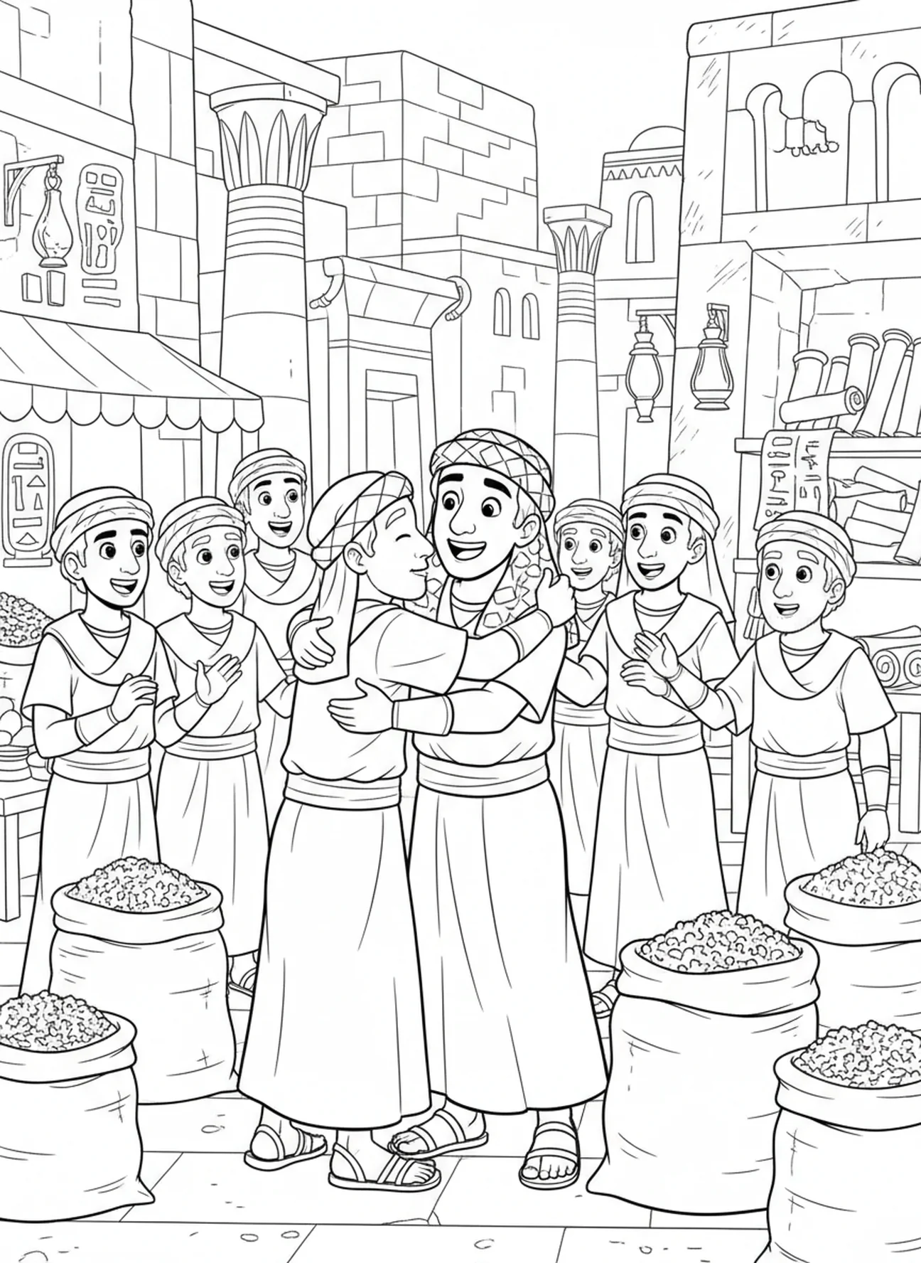 Joseph retrouvant ses frères, page à colorier de Joseph pour les enfants de l'École du dimanche âgés de 5 à 12 ans.