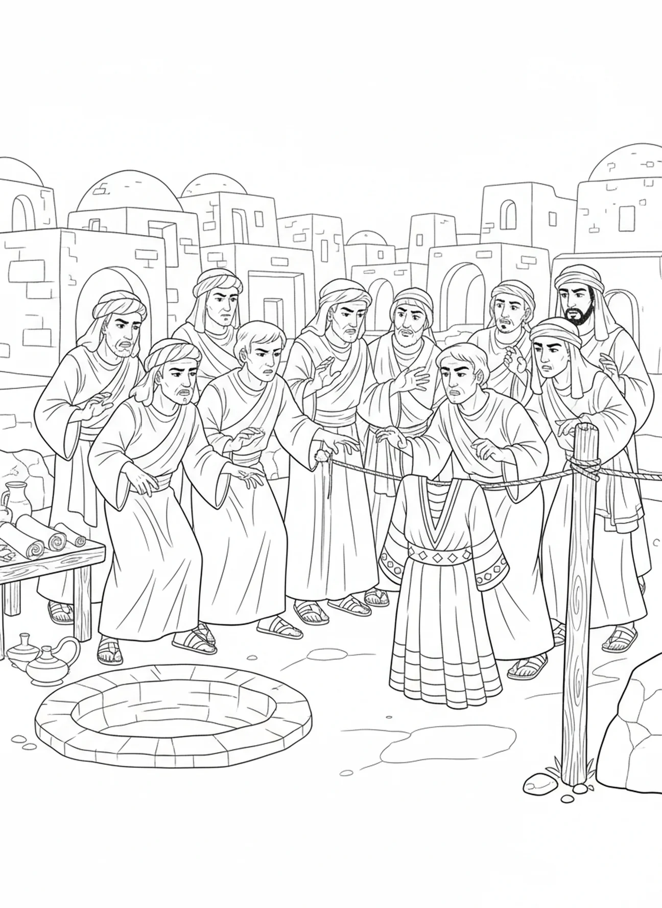 Les frères de Joseph complotent, page à colorier de Joseph pour les enfants de l'École du dimanche âgés de 5 à 12 ans.