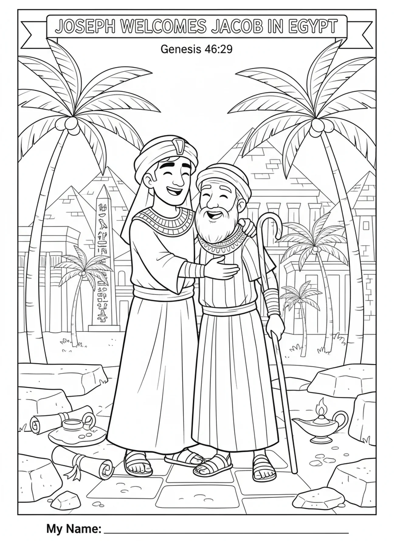 Joseph accueillant Jacob, page à colorier de Joseph pour les enfants de l'École du dimanche âgés de 5 à 12 ans.