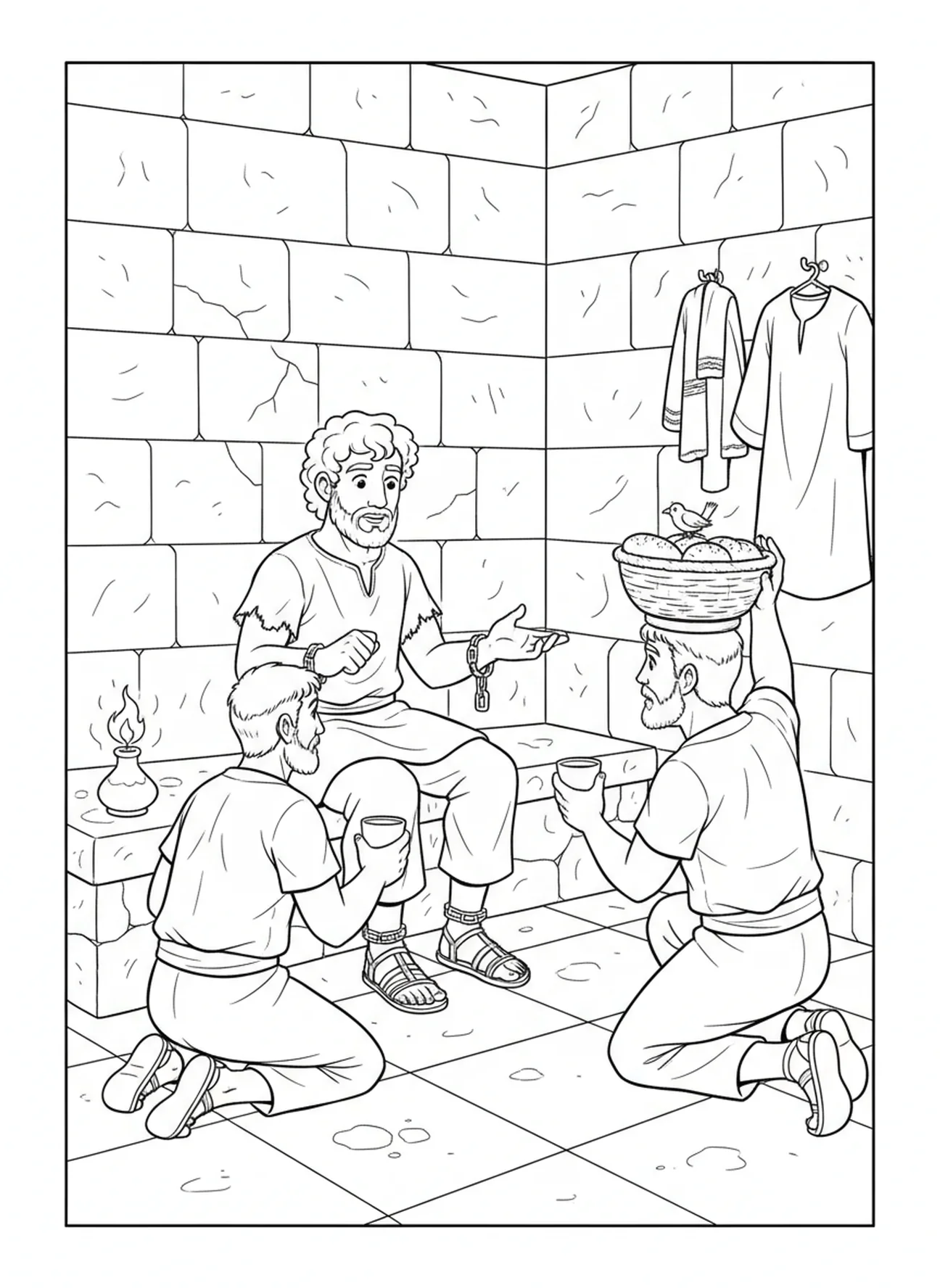 Joseph interprétant des rêves, page à colorier de Joseph pour les enfants de l'École du dimanche âgés de 5 à 12 ans.