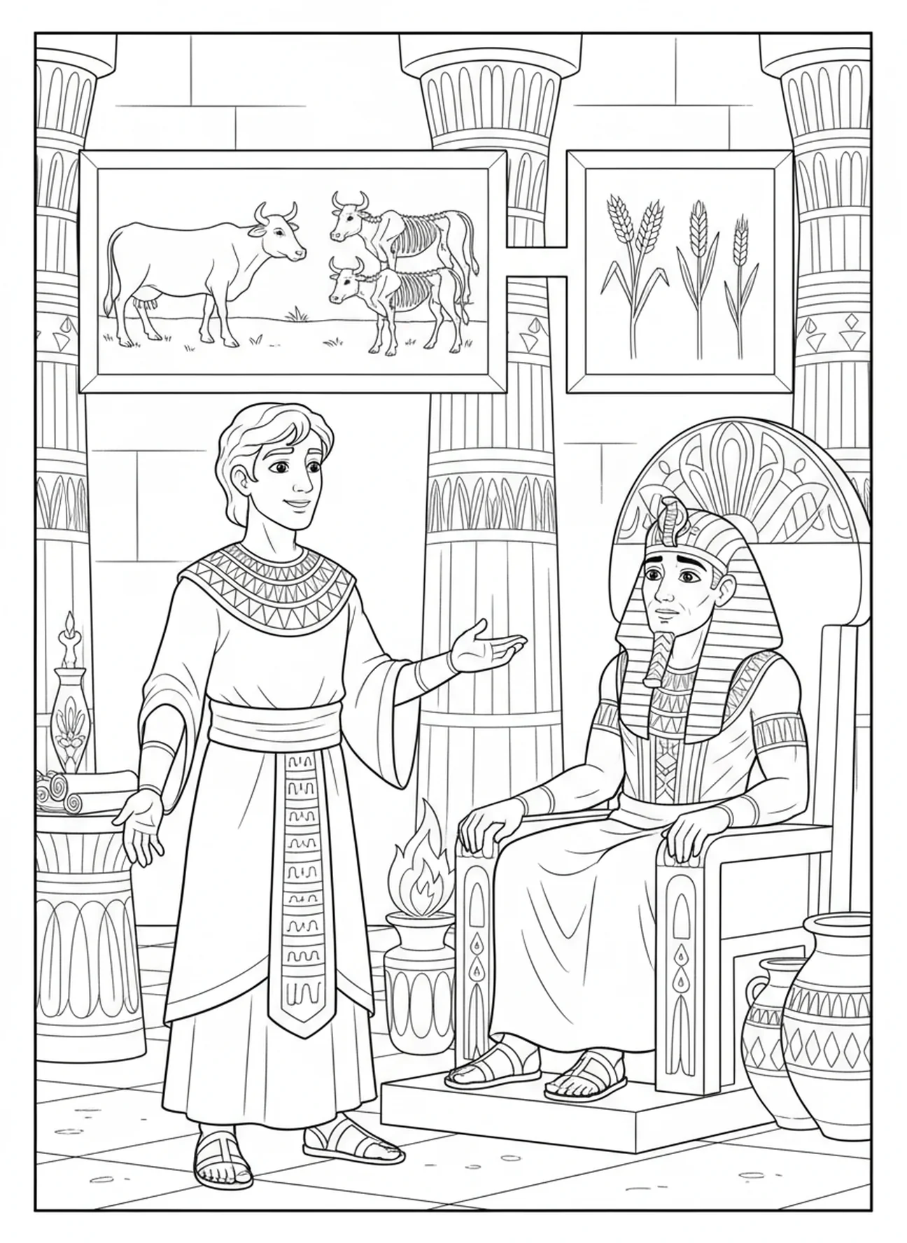 Joseph interprétant les rêves du Pharaon, page à colorier de Joseph pour les enfants de l'École du dimanche âgés de 5 à 12 ans.