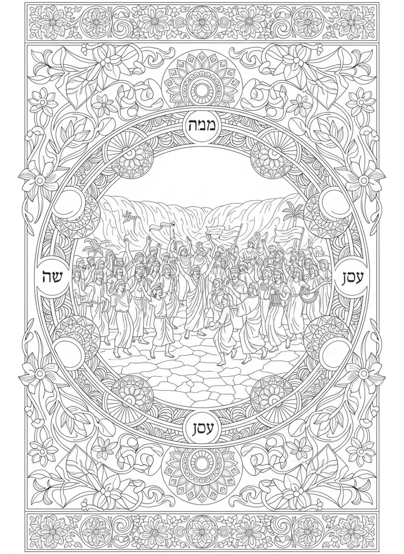 Israelites celebrating, Moses Parting Red Sea coloring page for adults Bible journaling style