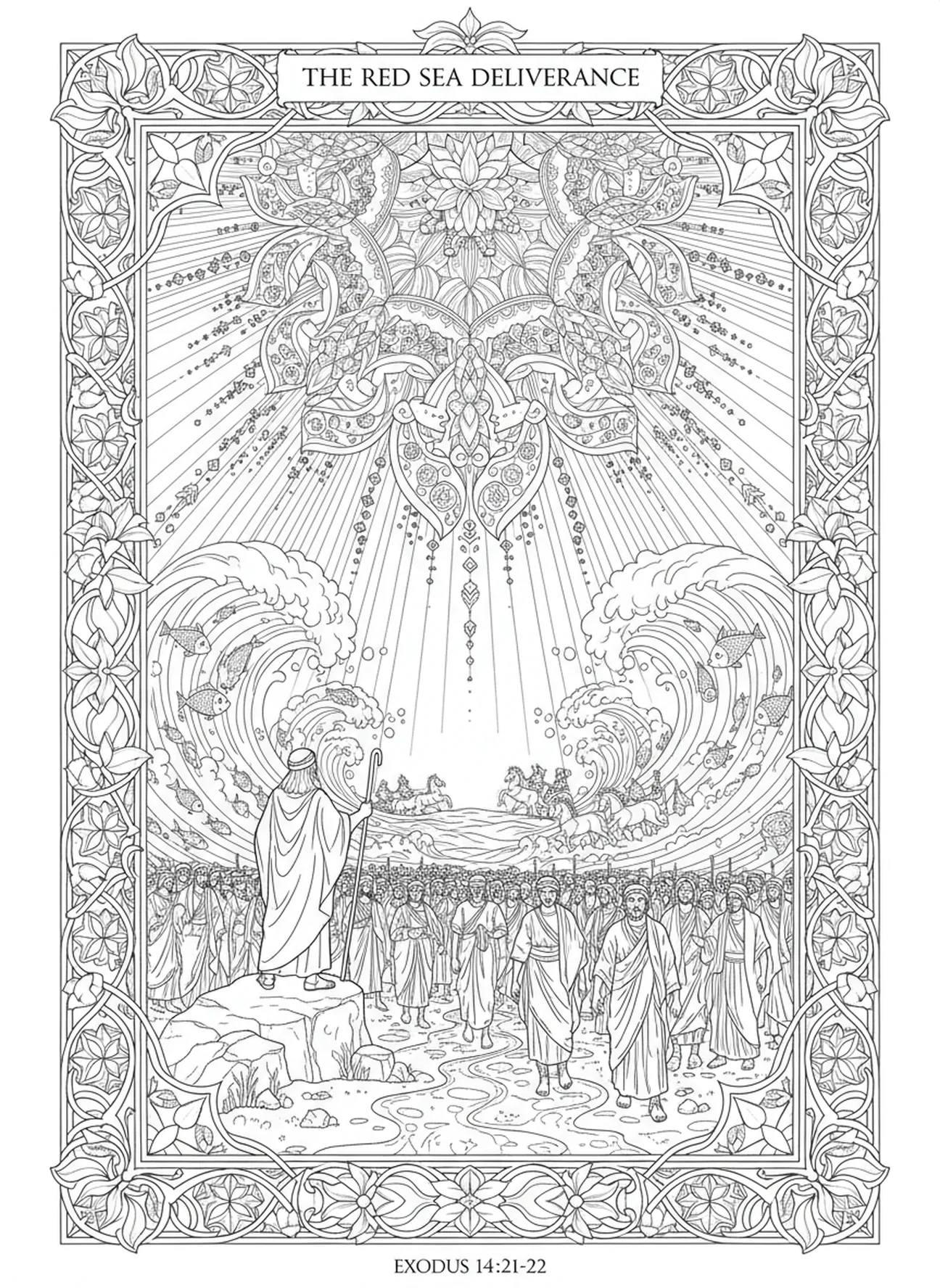 Radiant divine light, Moses Parting Red Sea coloring page for adults Bible journaling style