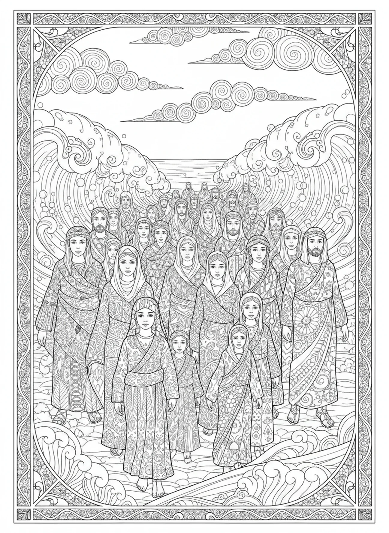 Group of Israelites crossing, Moses Parting Red Sea coloring page for adults Bible journaling style