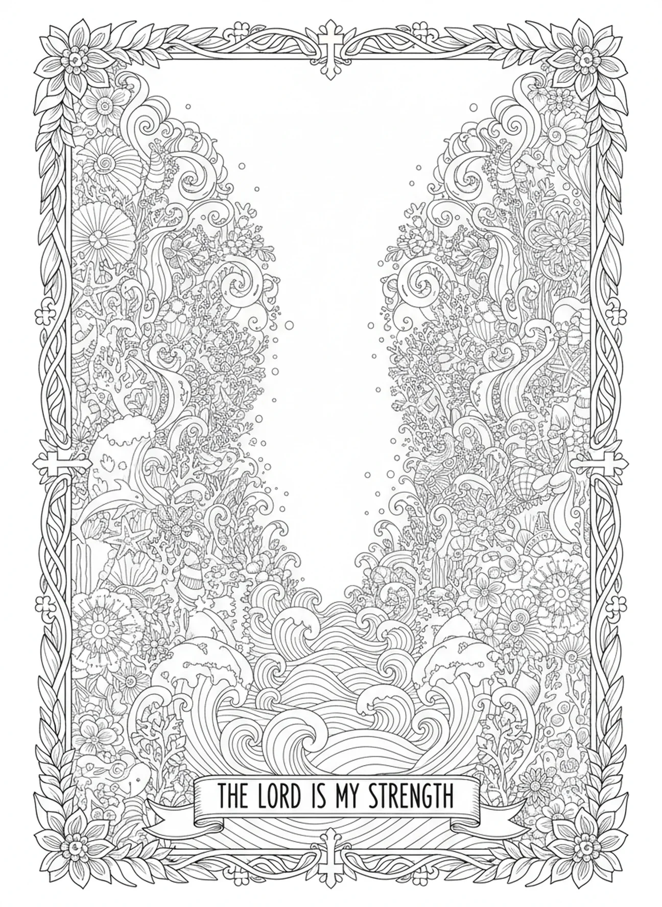 Towering water walls, Moses Parting Red Sea coloring page for adults Bible journaling style