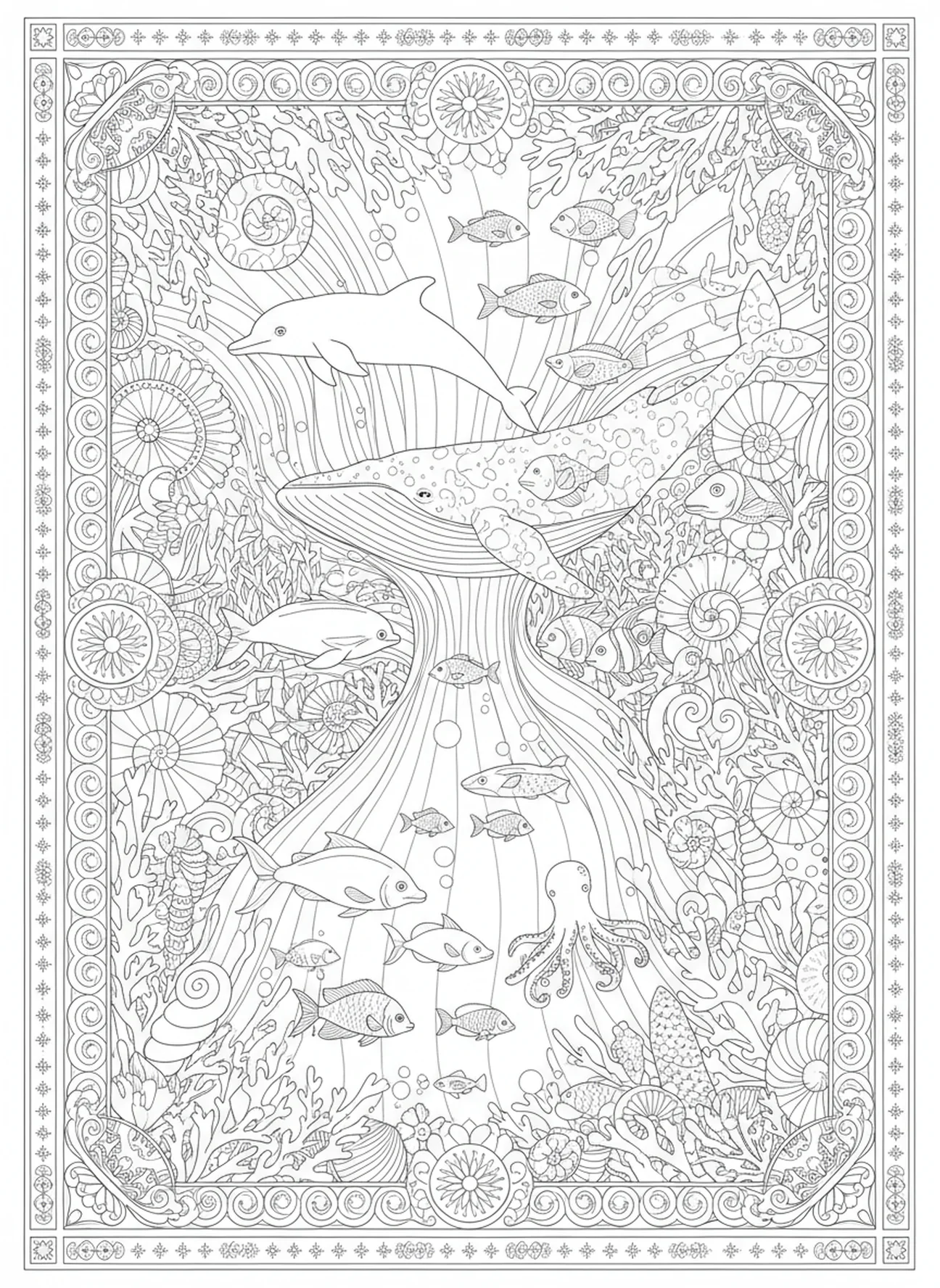 Intricate sea animals, Moses Parting Red Sea coloring page for adults Bible journaling style