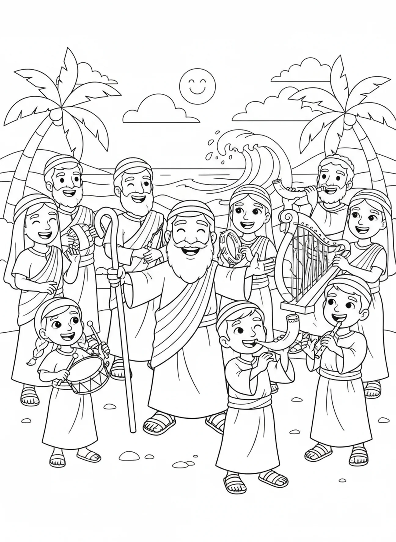 Israeliten feiern am Ufer, Moses trennt das Rote Meer Malvorlage für Kinder im Alter von 5-10 Jahren.
