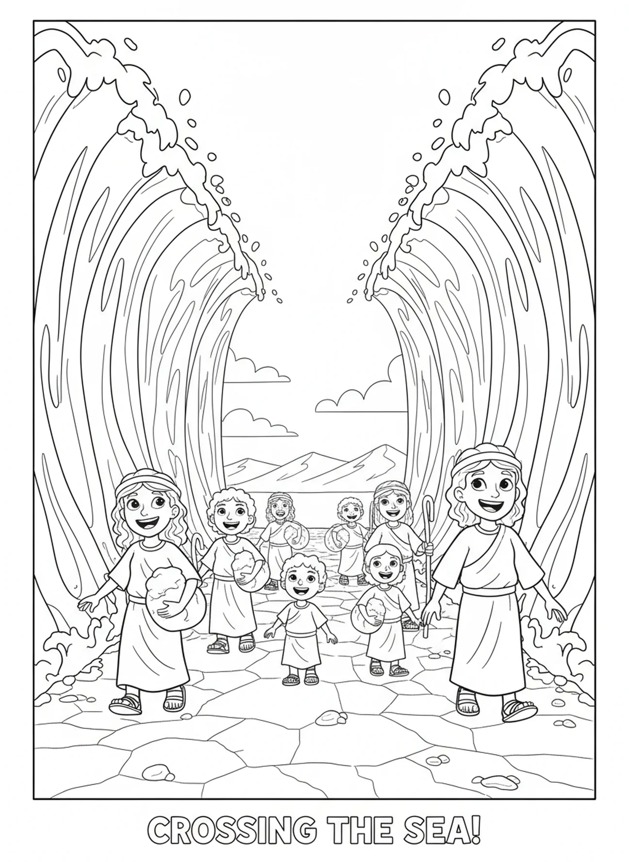 Fröhliche Israeliten gehen, Moses teilt das Rote Meer Malvorlage für Kinder im Alter von 5-10 Jahren.