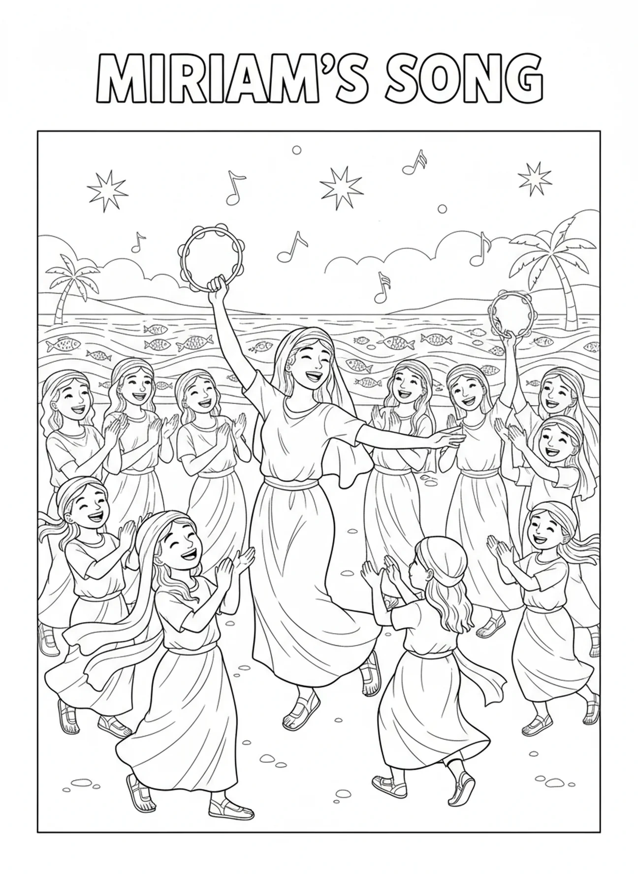 Miriam singt und tanzt, Moses teilt das Rote Meer Malvorlage für Kinder im Alter von 5-10 Jahren.