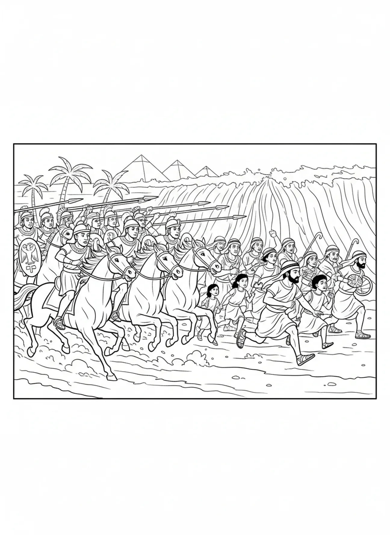 Das Heer des Pharao zu Pferd, Moses teilt das Rote Meer Malvorlage für Kinder im Alter von 5-10 Jahren.