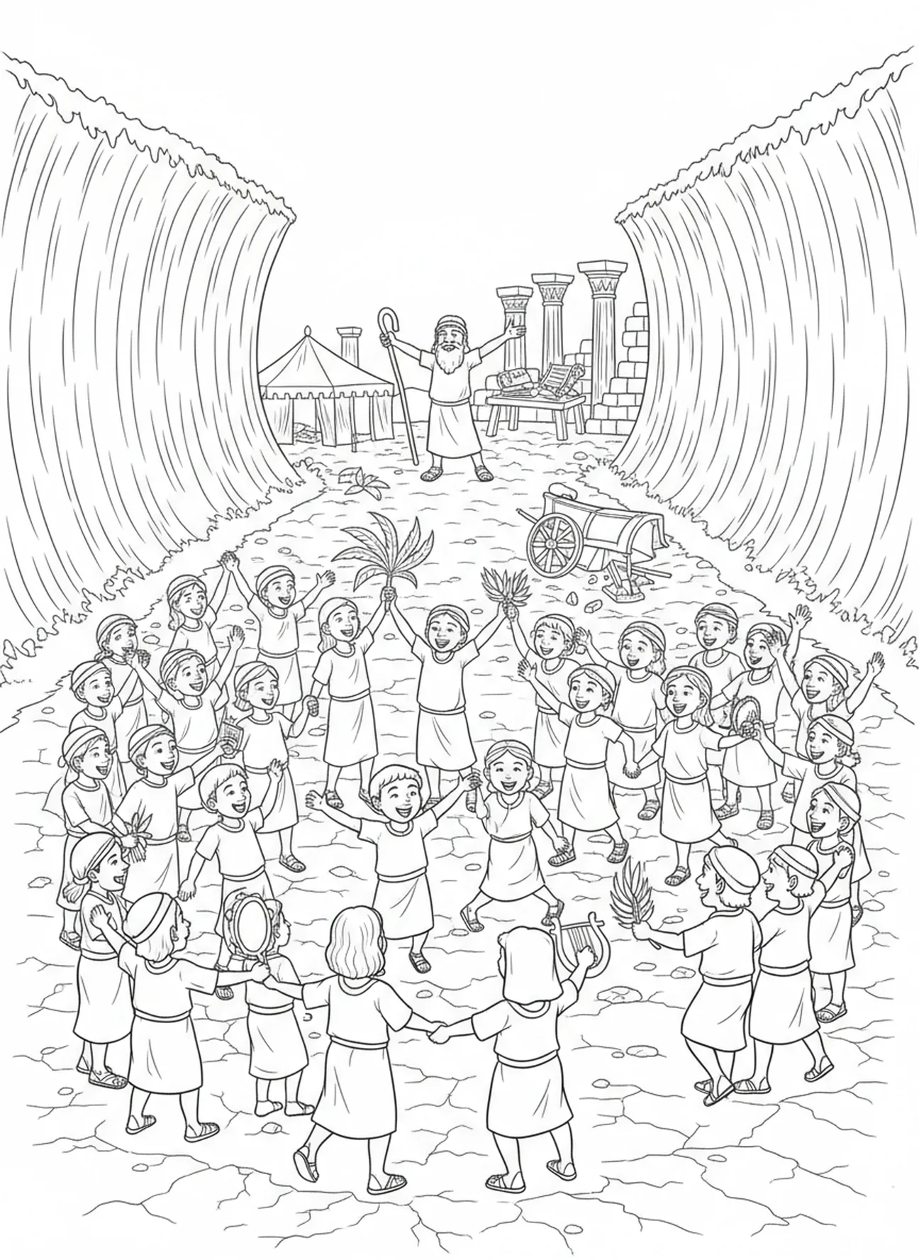Israelites celebrating after crossing, Moses Parting Red Sea coloring page for Sunday school children age 5-12