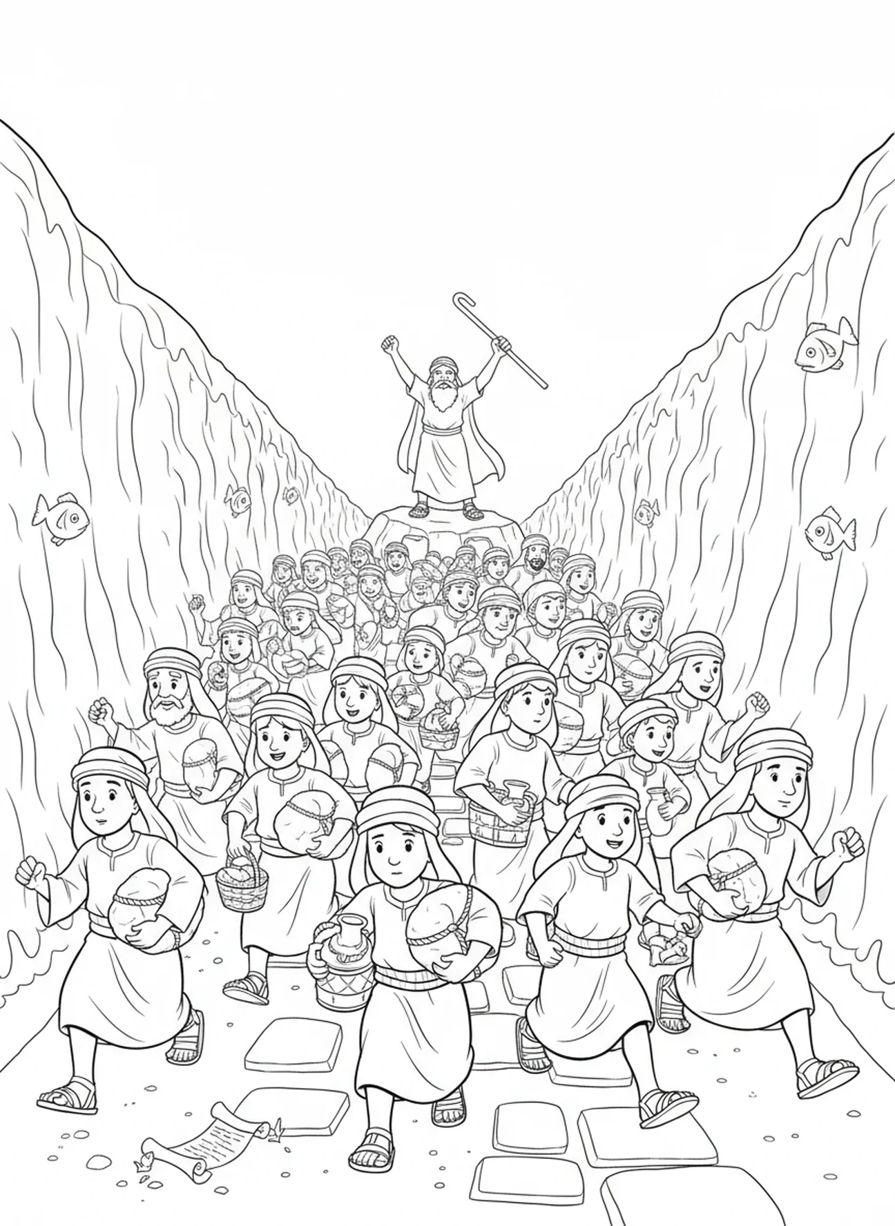 Israelites escaping through the sea, Moses Parting Red Sea coloring page for Sunday school children age 5-12