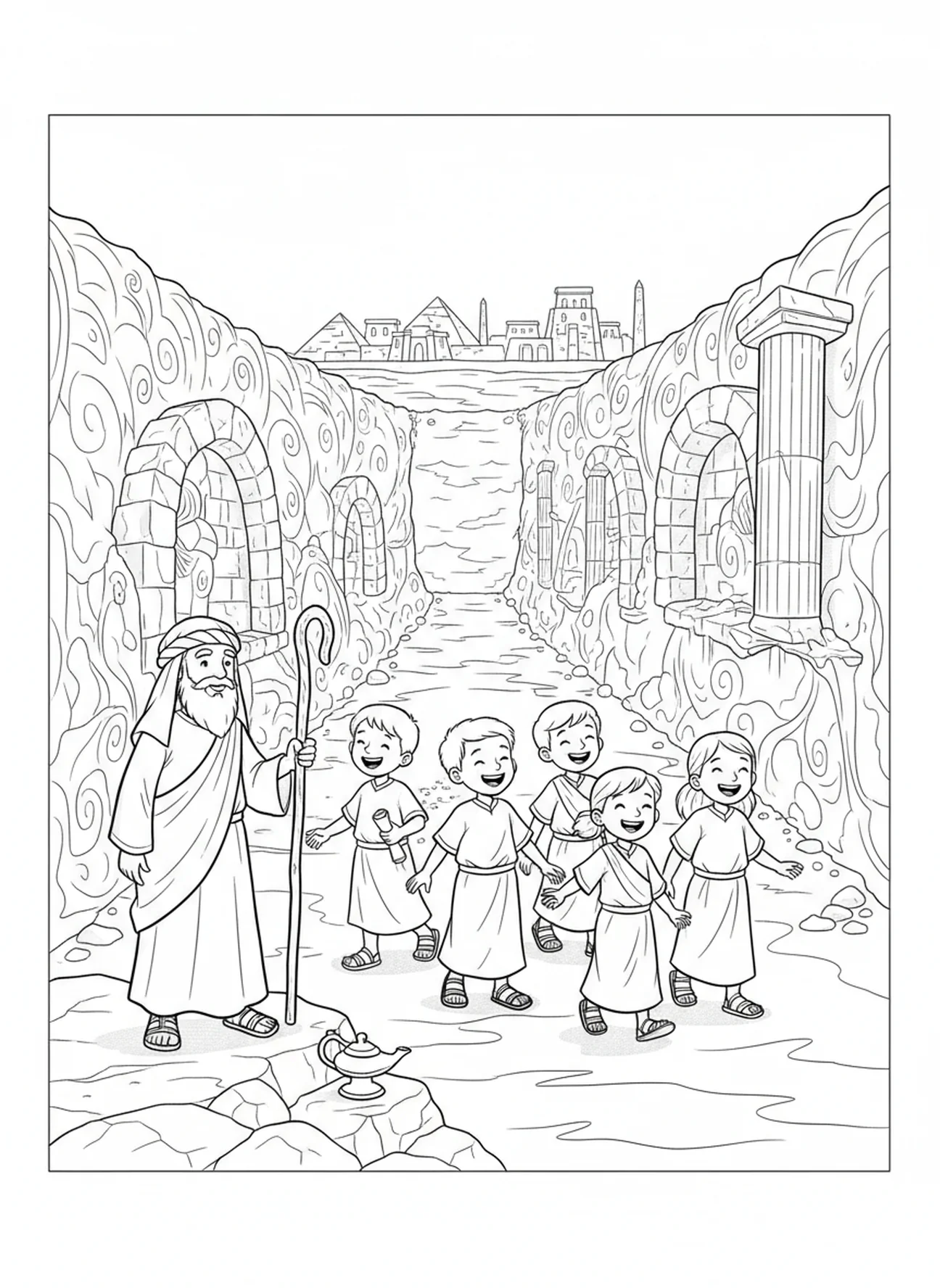 Children crossing the parted sea, Moses Parting Red Sea coloring page for Sunday school children age 5-12