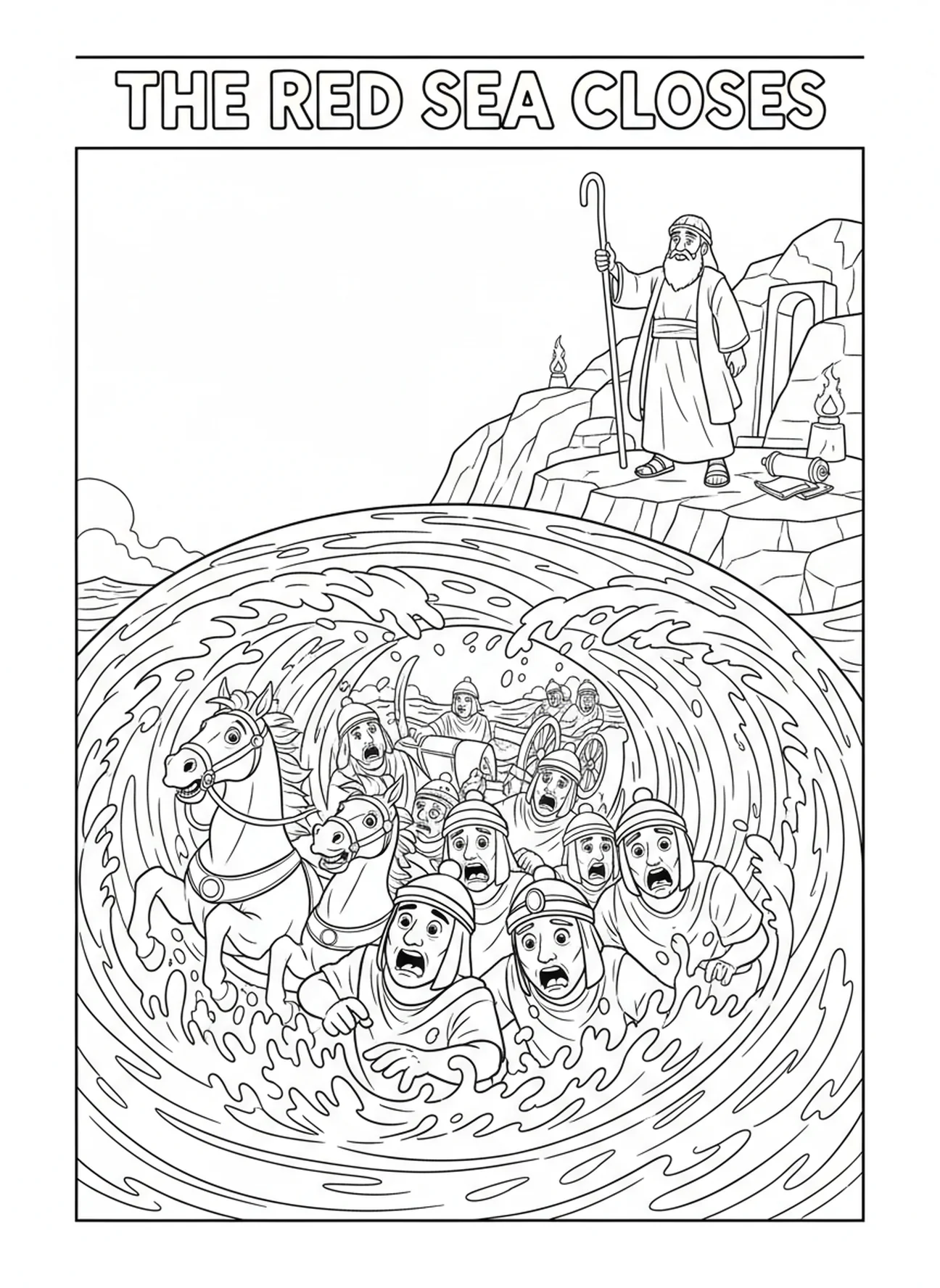 Pharaoh's army drowning in the sea, Moses Parting Red Sea coloring page for Sunday school children age 5-12