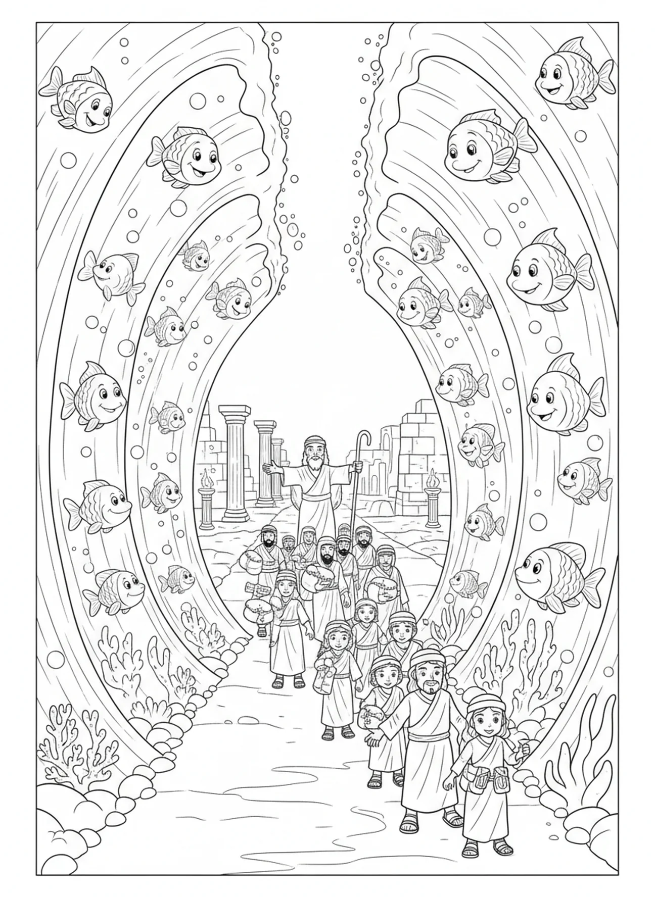 Fish swimming in the sea walls, Moses Parting Red Sea coloring page for Sunday school children age 5-12