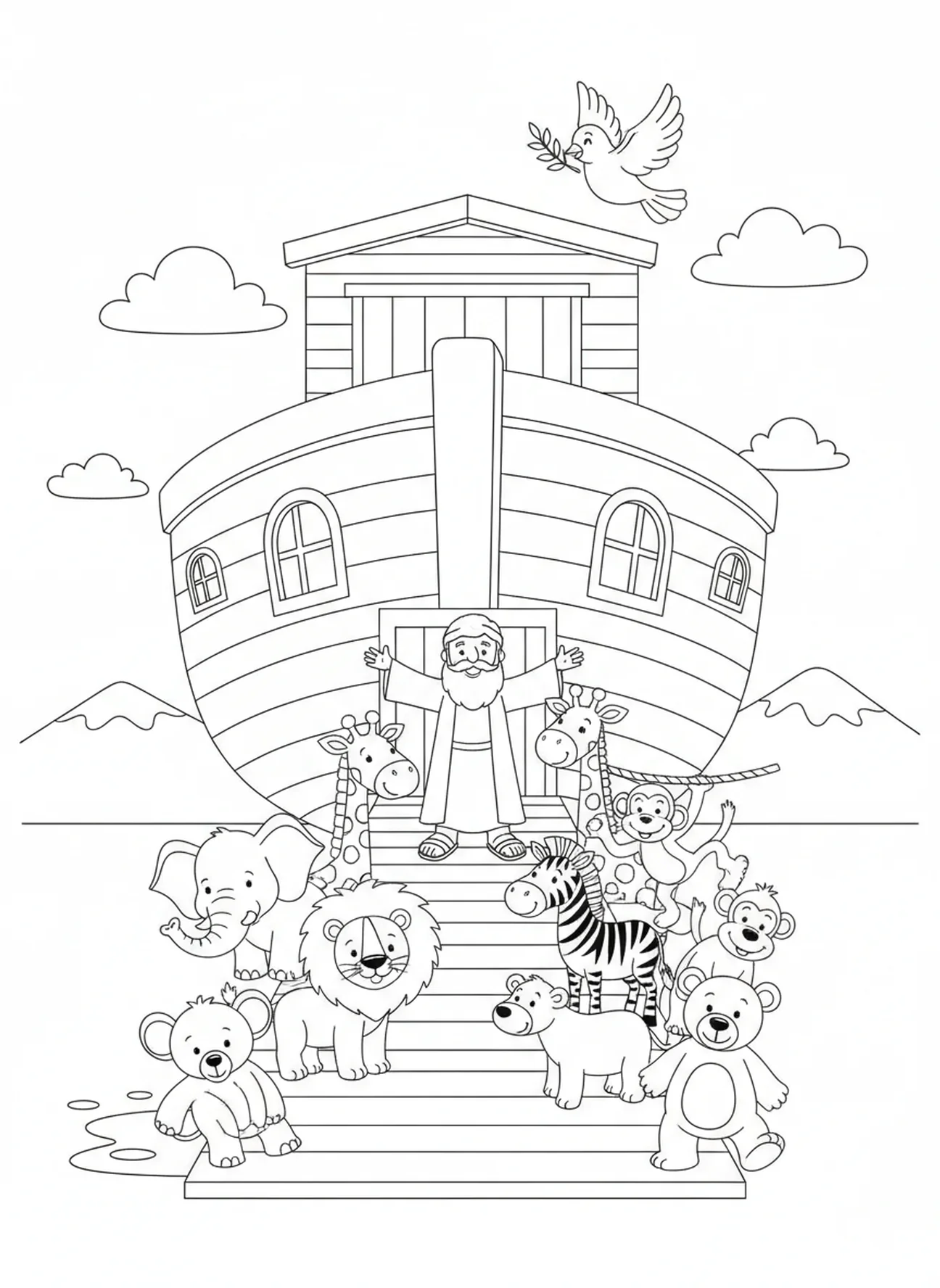 Animals boarding the ark, Noah's Ark Dove With Olive Branch coloring page for kids age 5-10.