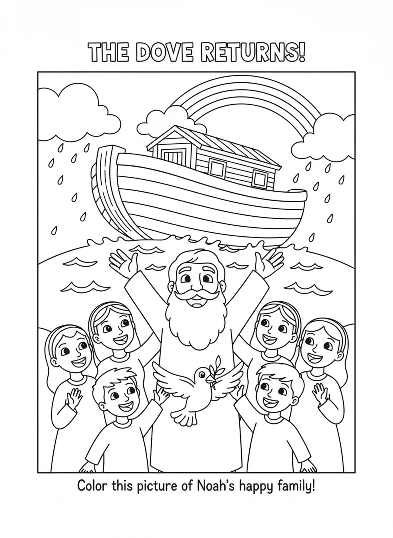 Noah celebrating at the ark, Noah's Ark Dove With Olive Branch coloring page for kids age 5-10.