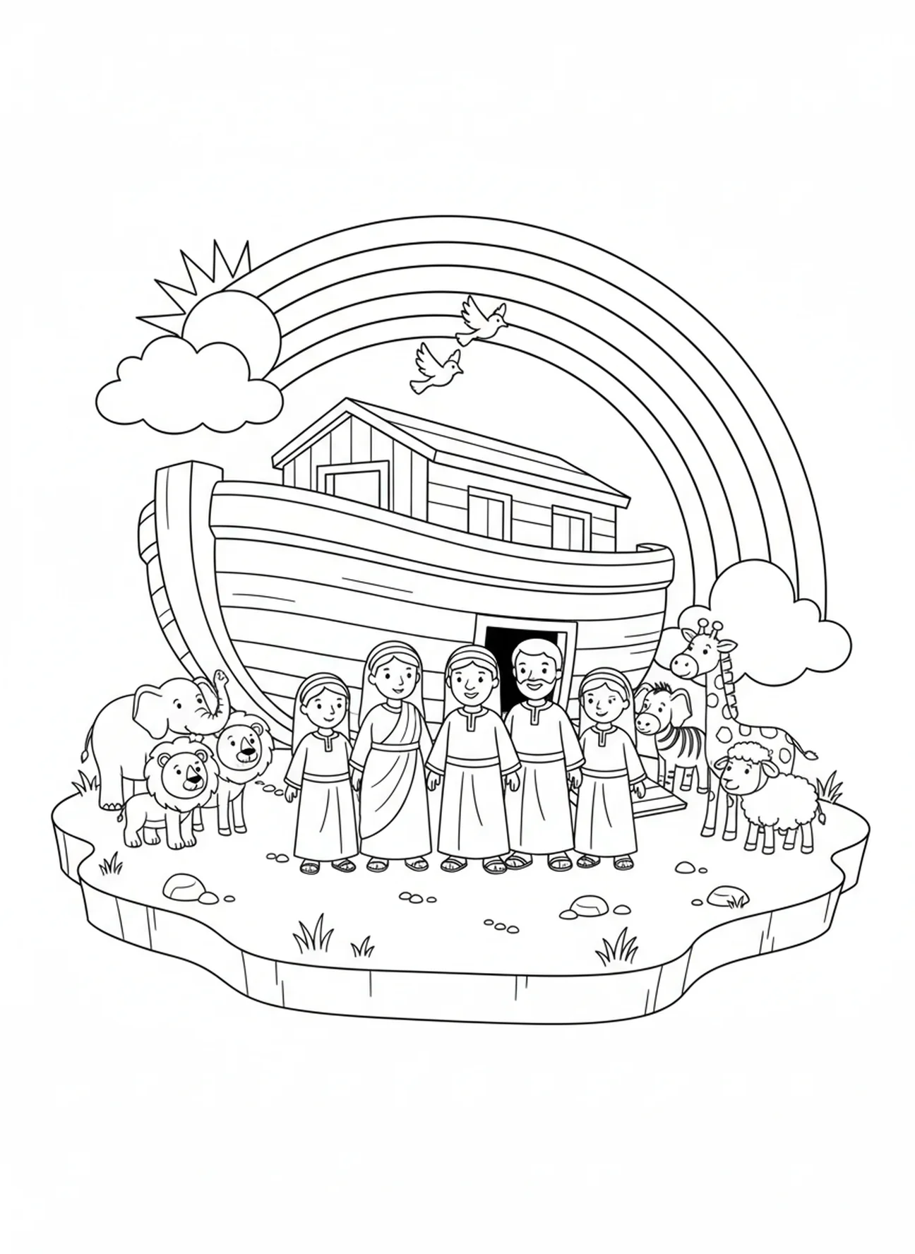 Noah and family on dry land, Noah's Ark Dove With Olive Branch coloring page for kids age 5-10.