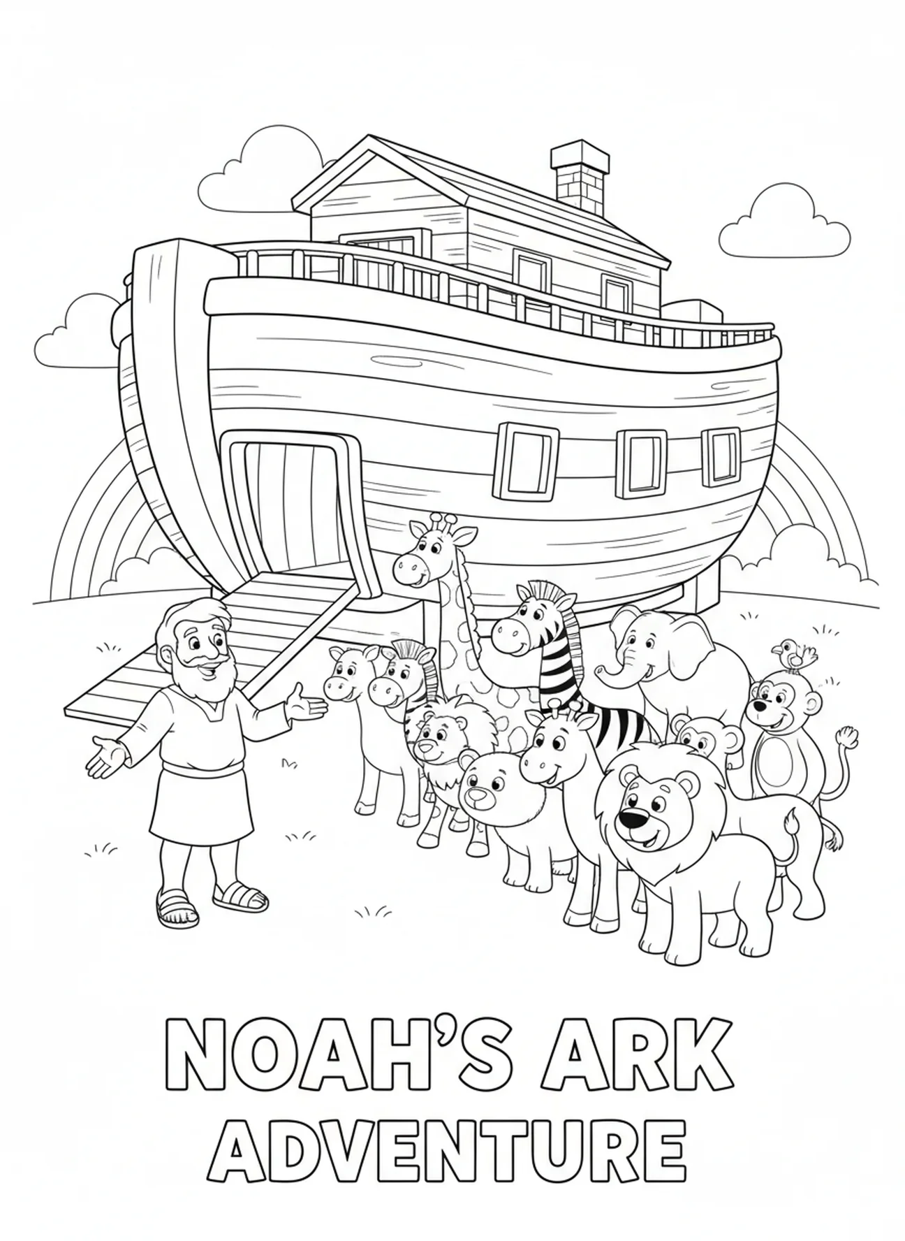 Noé dirigiendo a los animales, página para colorear de la construcción del Arca de Noé para niños de 5 a 10 años.