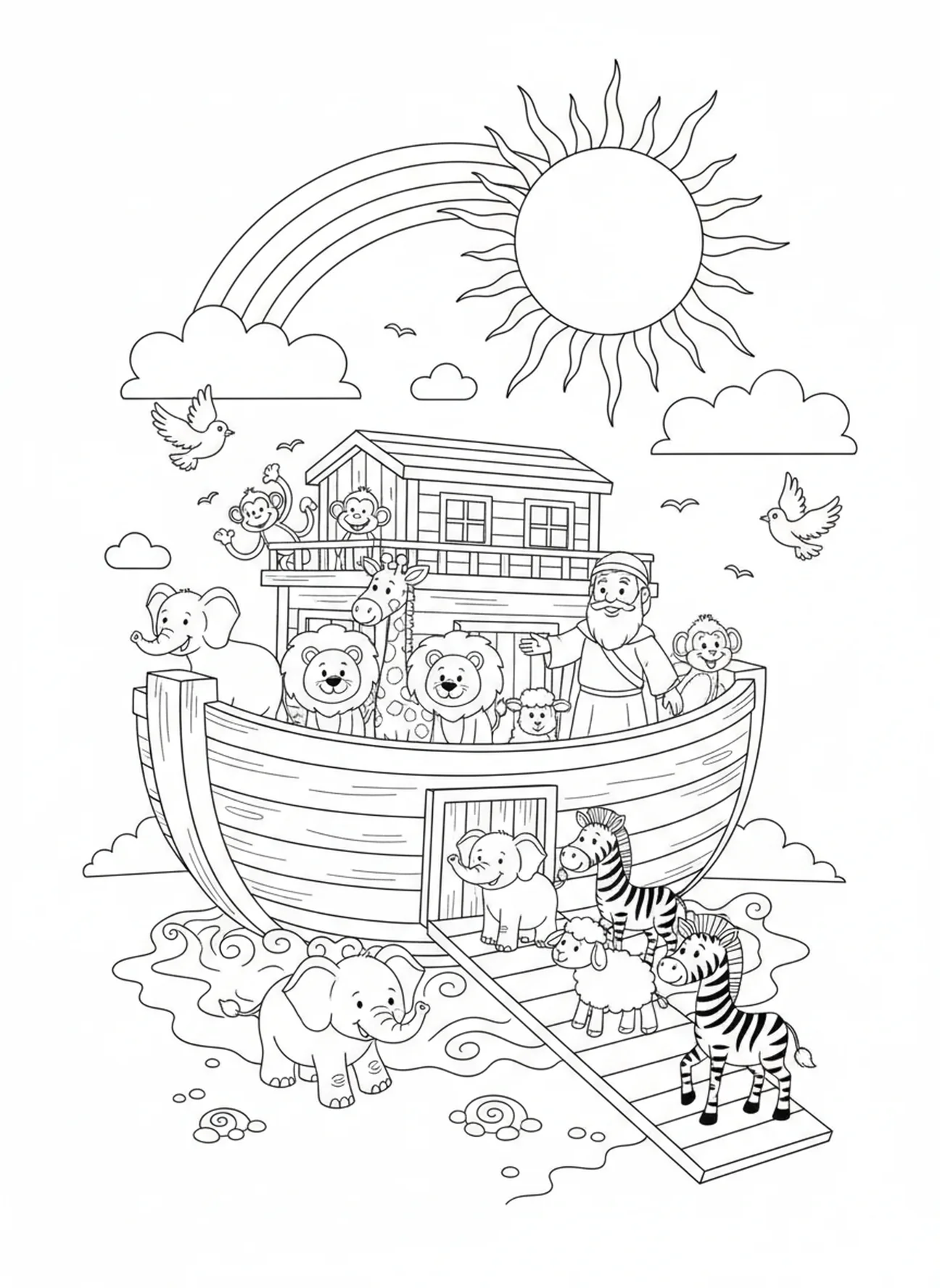 Group of cartoon animals boarding, Noah's Ark Noah Family Praying coloring page for kids age 5-10