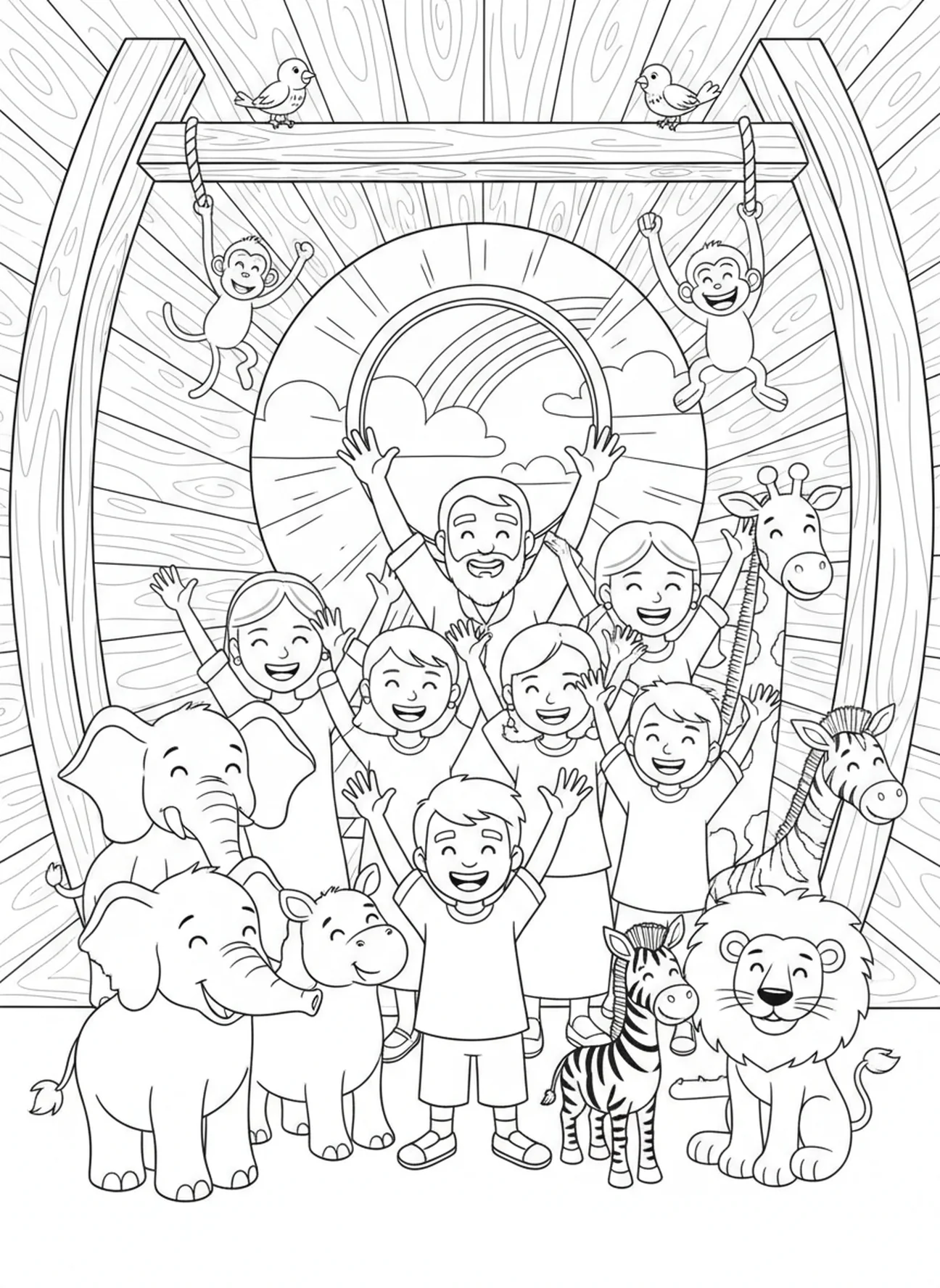 Noah and family celebrating safety, Noah's Ark Noah Family Praying coloring page for kids age 5-10