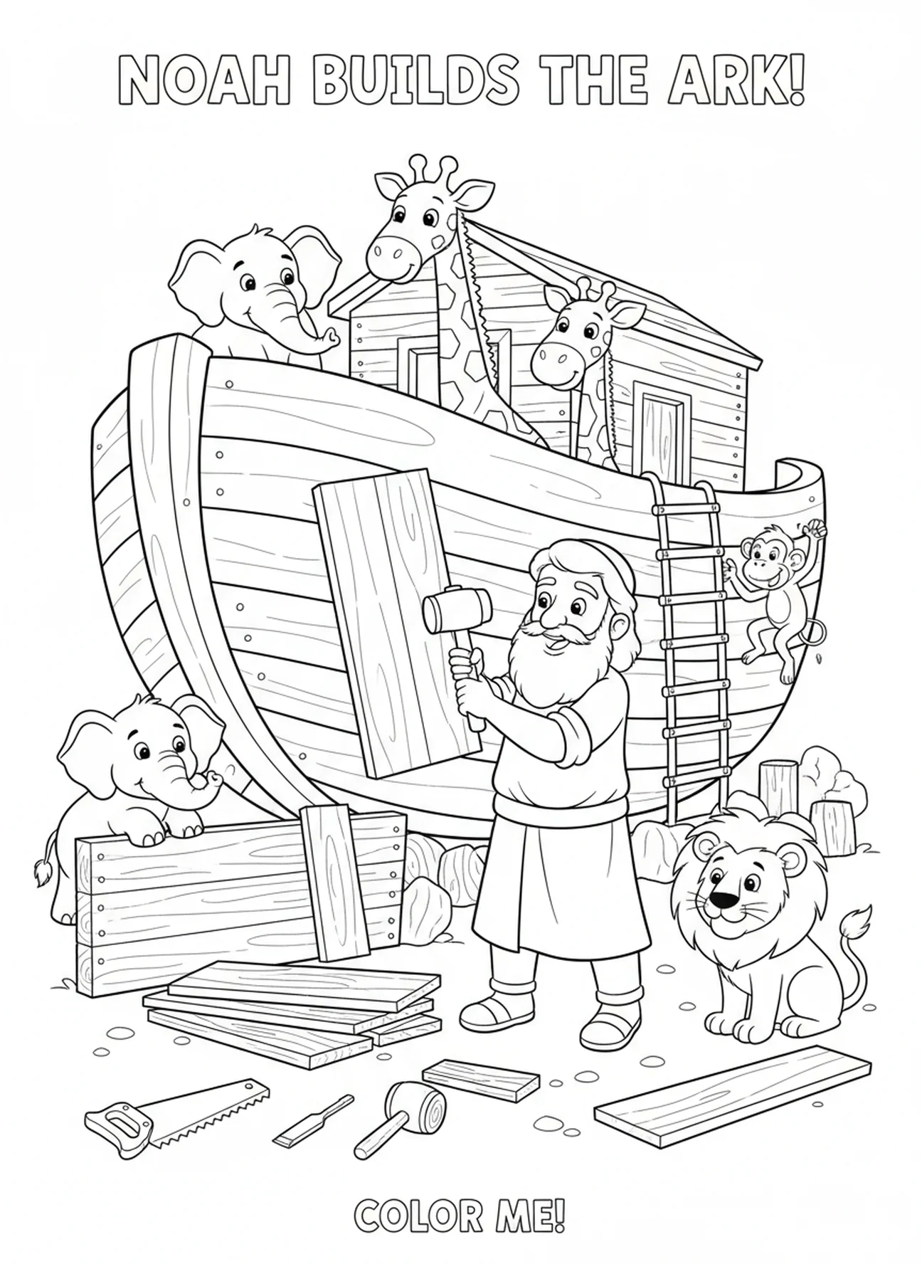 Noah hammering planks, Noah's Ark Noah Family Praying coloring page for kids age 5-10