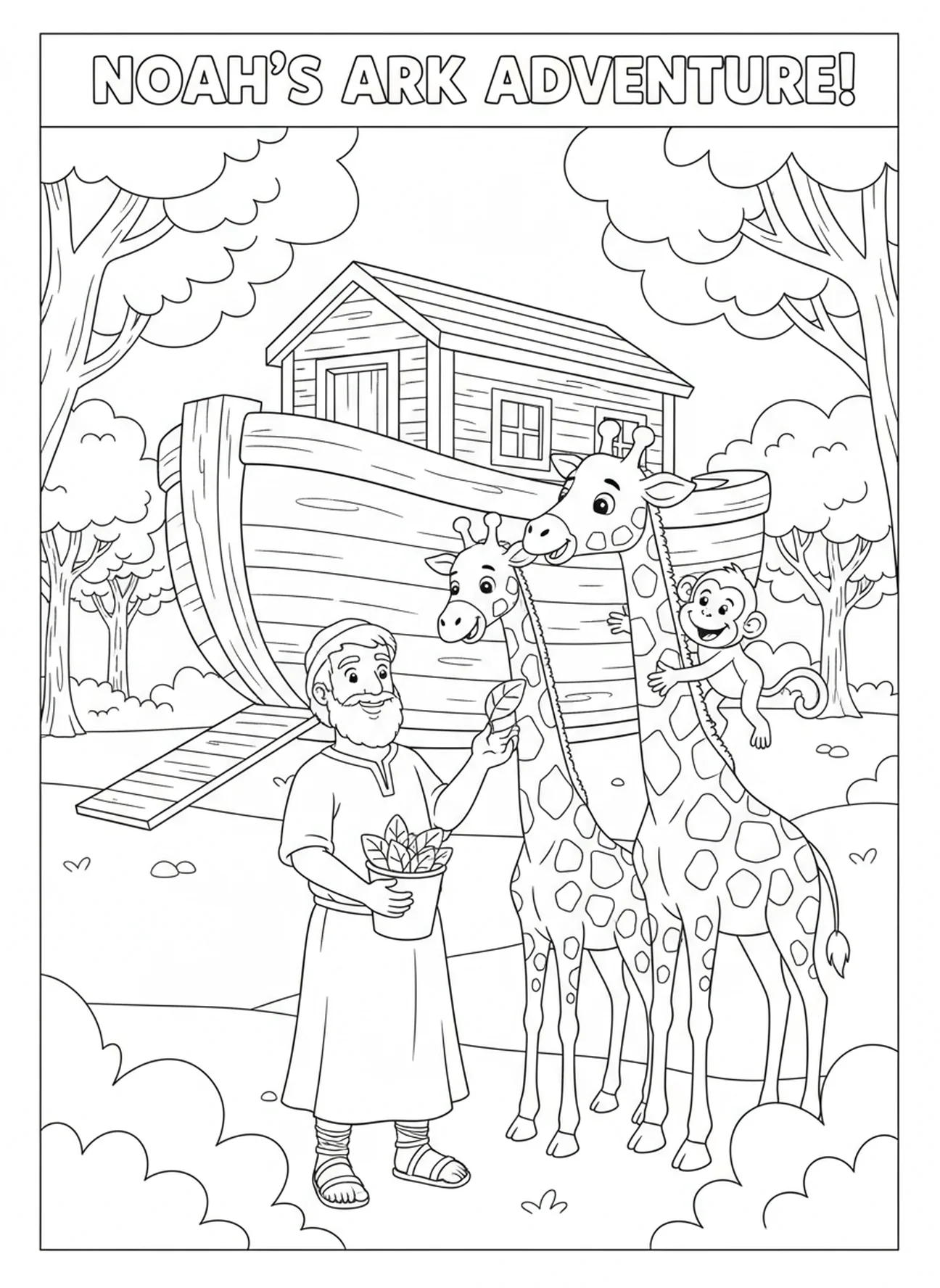 Noah feeding cartoon animals, Noah's Ark Noah Family Praying coloring page for kids age 5-10