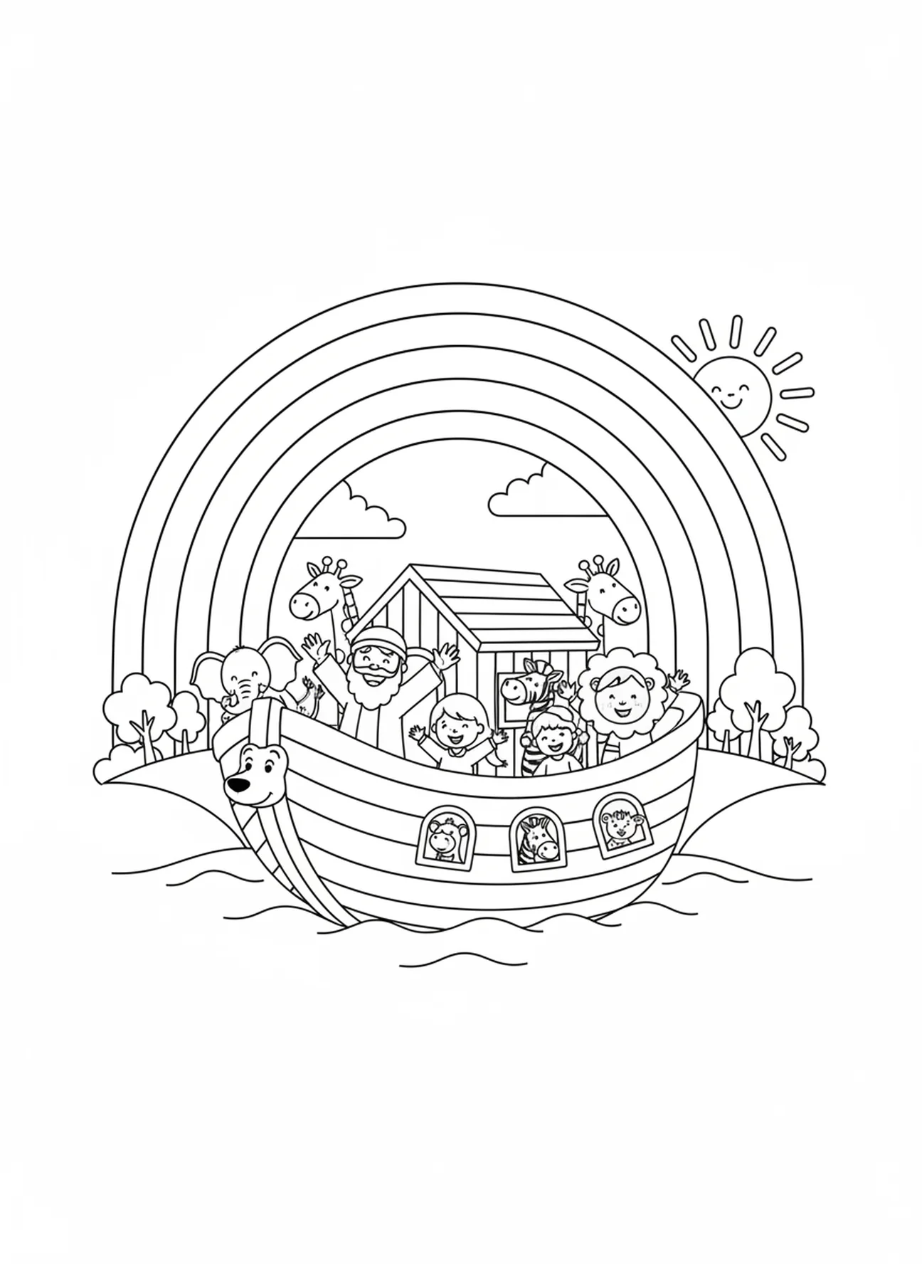Rainbow arching over ark, Noah's Ark Noah Family Praying coloring page for kids age 5-10