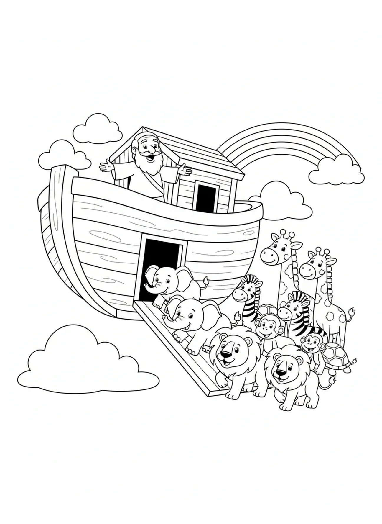 Elefanten und Löwen besteigen die Arche, Ausmalbild zum Regenbogenbund von Noah für Kinder im Alter von 5-10 Jahren.