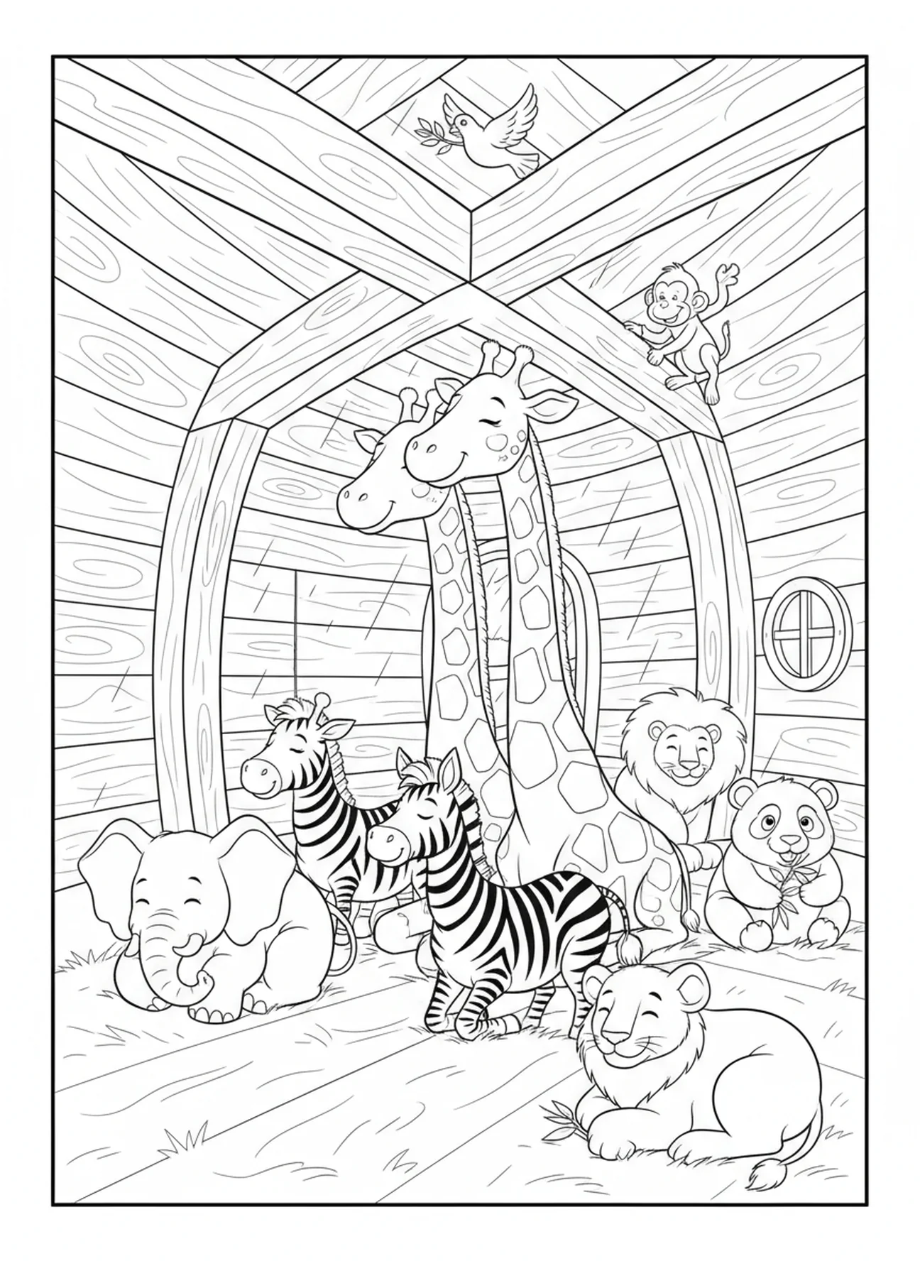 Giraffen und Zebras in der Arche, Ausmalbild zum Regenbogenbund von Noah für Kinder im Alter von 5-10 Jahren.