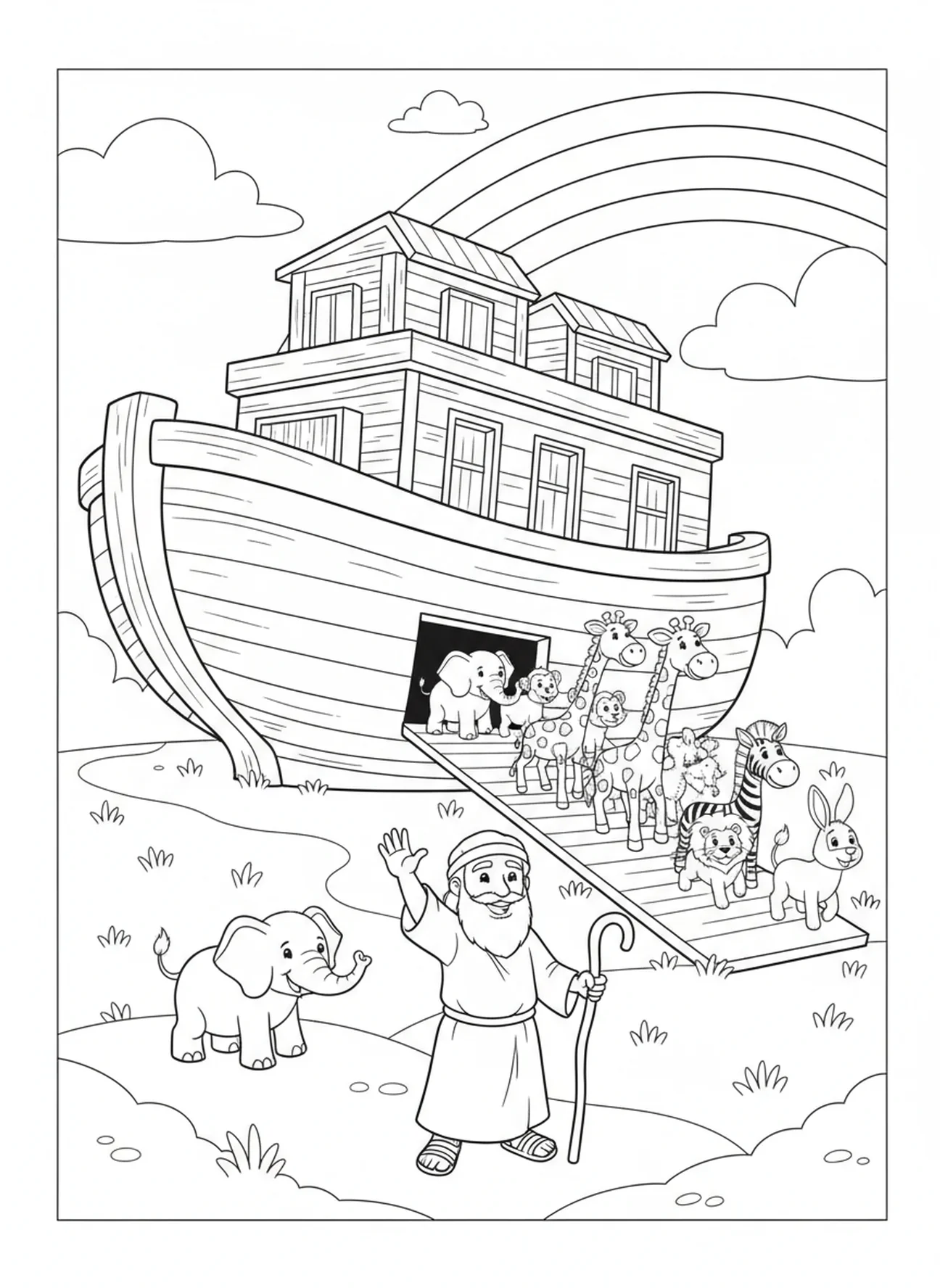 Tiere verlassen die Arche und betreten das trockene Land, Malvorlage zum Regenbogenbund von Noah für Kinder im Alter von 5-10 Jahren.