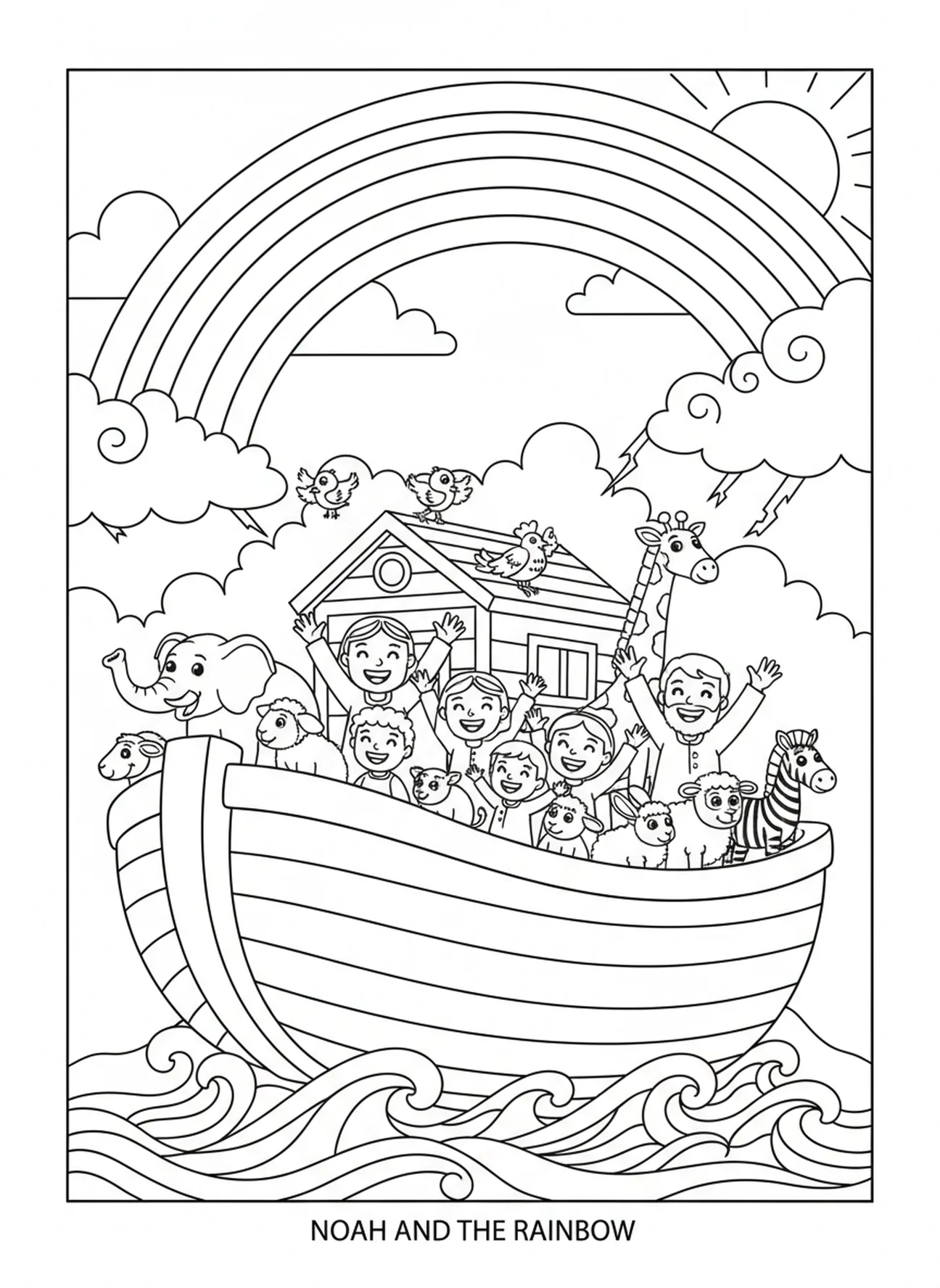 Noah und seine Familie feiern unter einem Regenbogen, Ausmalbild zum Regenbogenbund von Noah für Kinder im Alter von 5-10 Jahren.