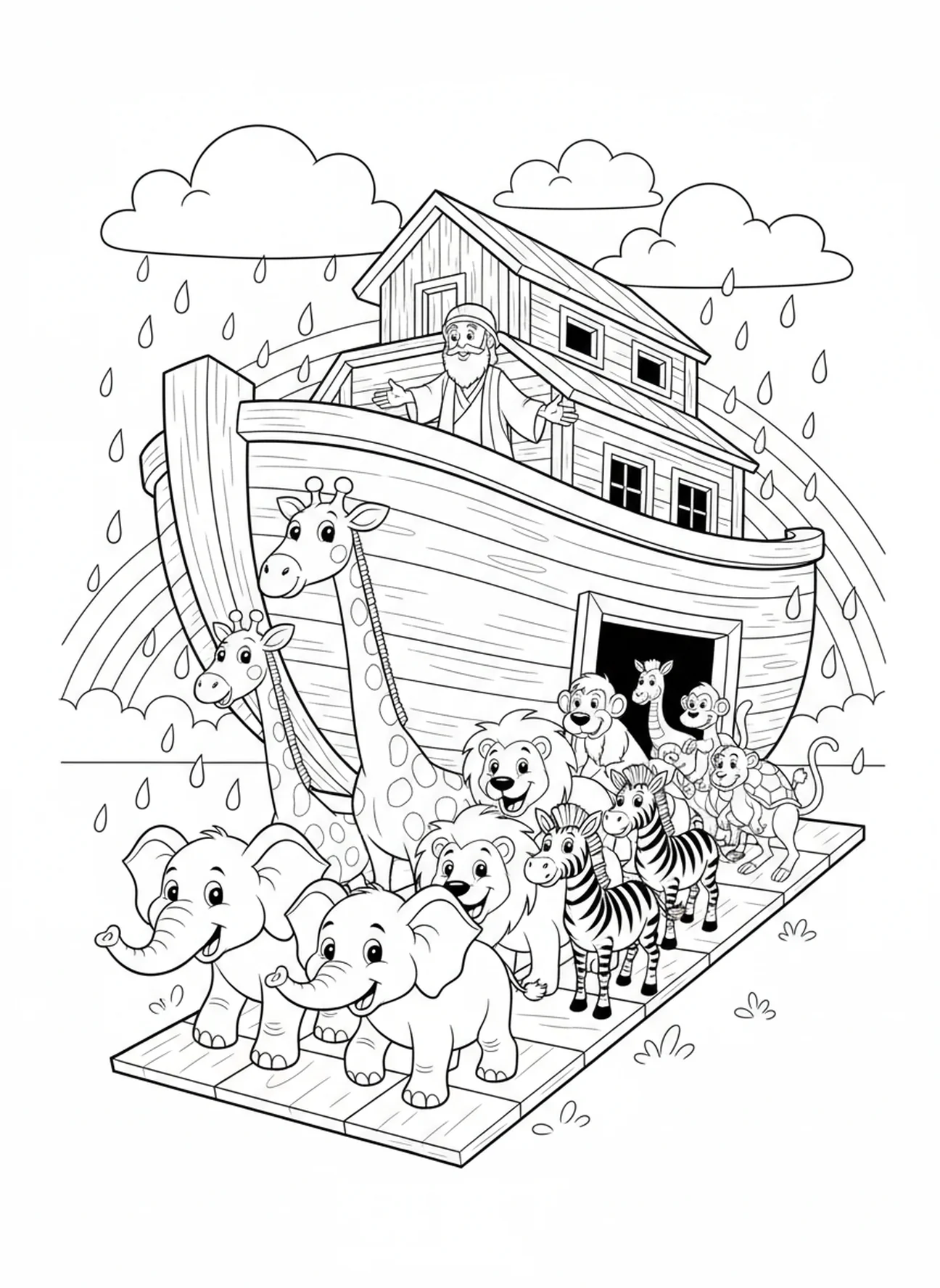 Pairs of animals entering the ark, Noah's Ark Rainfall Flood Begins coloring page for kids age 5-10.