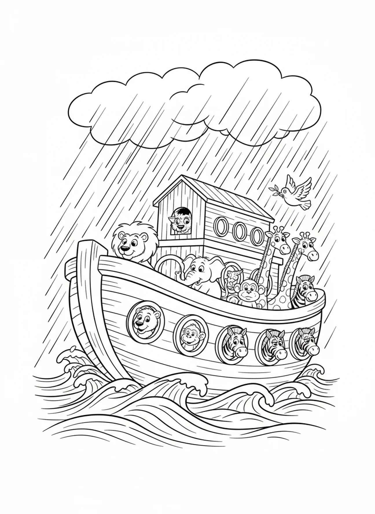 The ark in heavy rainfall, Noah's Ark Rainfall Flood Begins coloring page for kids age 5-10.