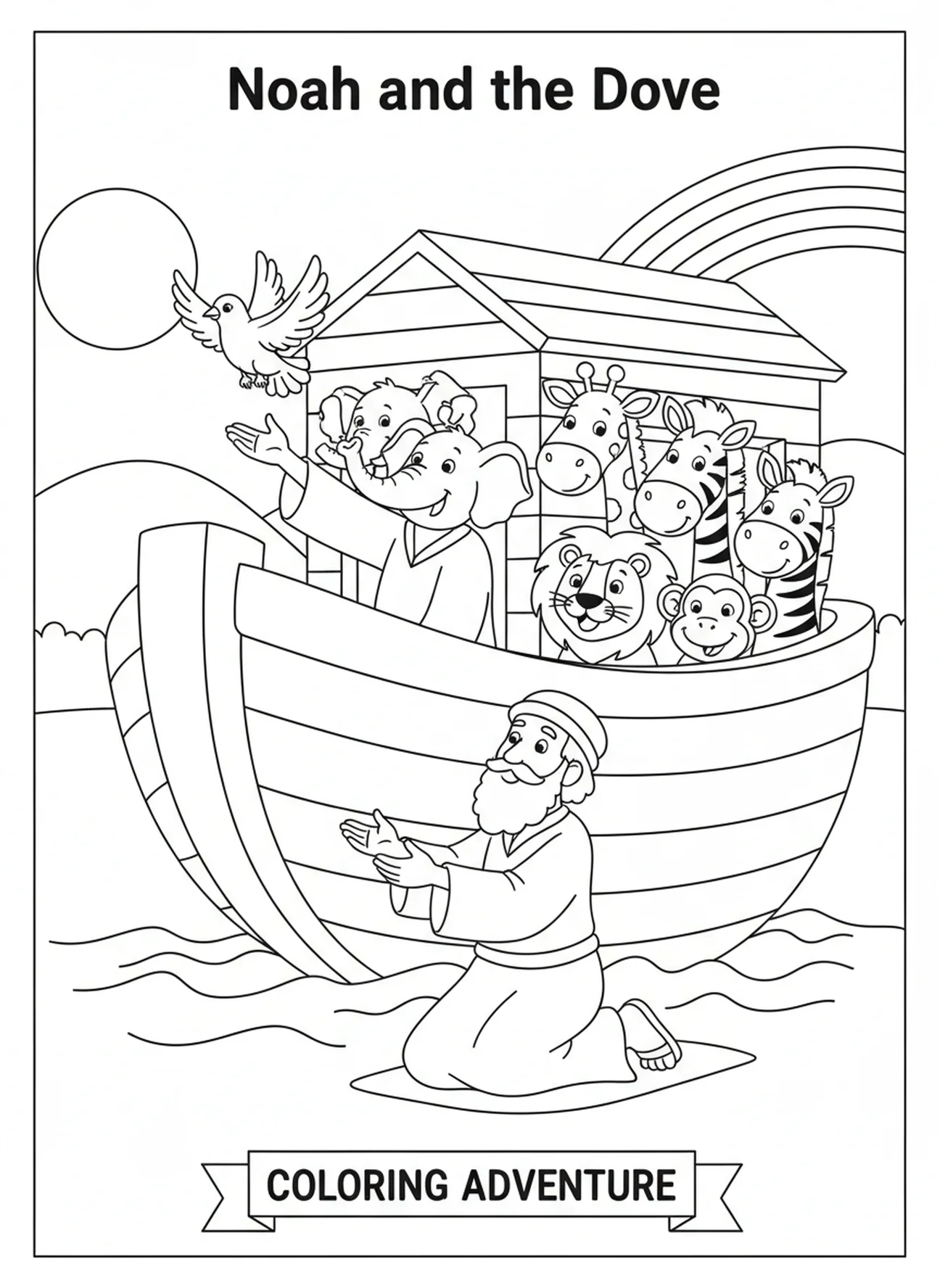 Noah releasing a dove, Noah's Ark Rainfall Flood Begins coloring page for kids age 5-10.