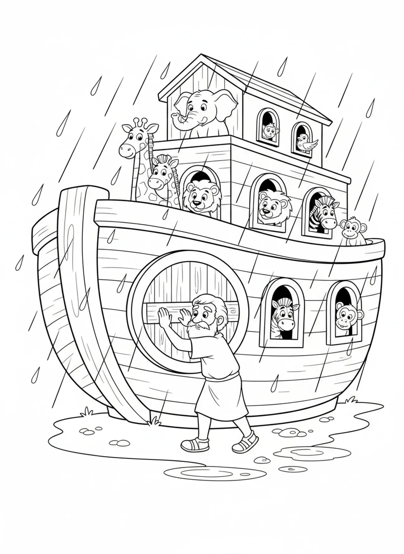 Noah sealing the ark door, Noah's Ark Rainfall Flood Begins coloring page for kids age 5-10.