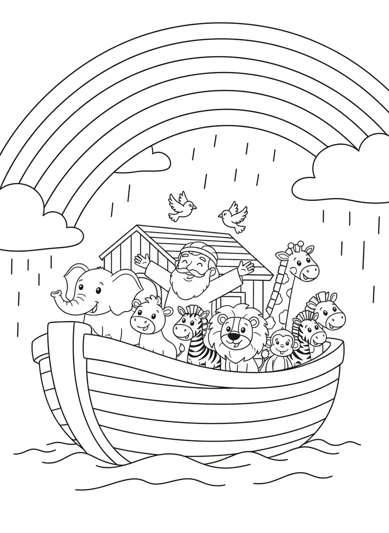 A rainbow over the ark, Noah's Ark Rainfall Flood Begins coloring page for kids age 5-10.
