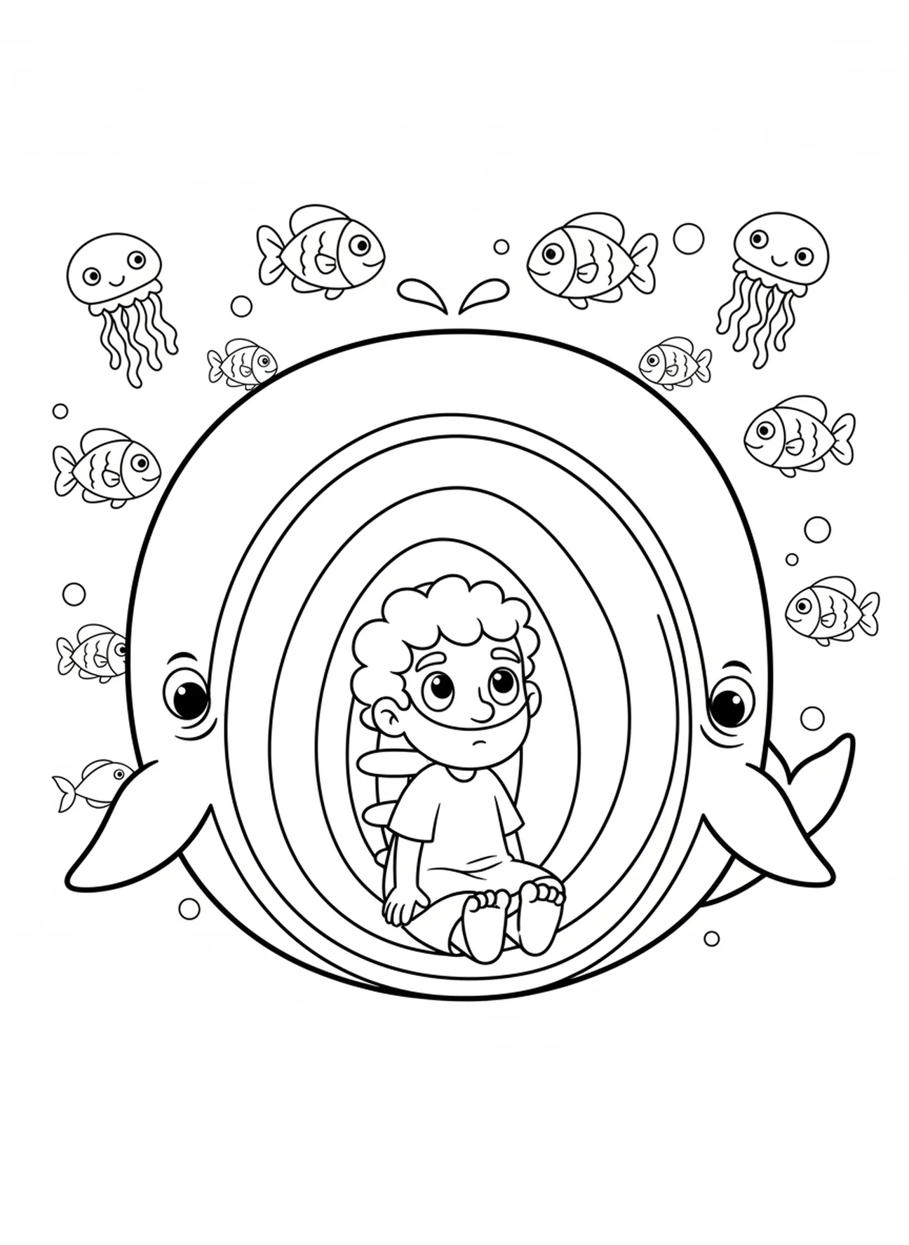 Tiere spielen auf dem Deck von Noahs Arche unter einem sonnigen Himmel, Ausmalbild von Noahs Arche für Kinder im Alter von 5-10 Jahren