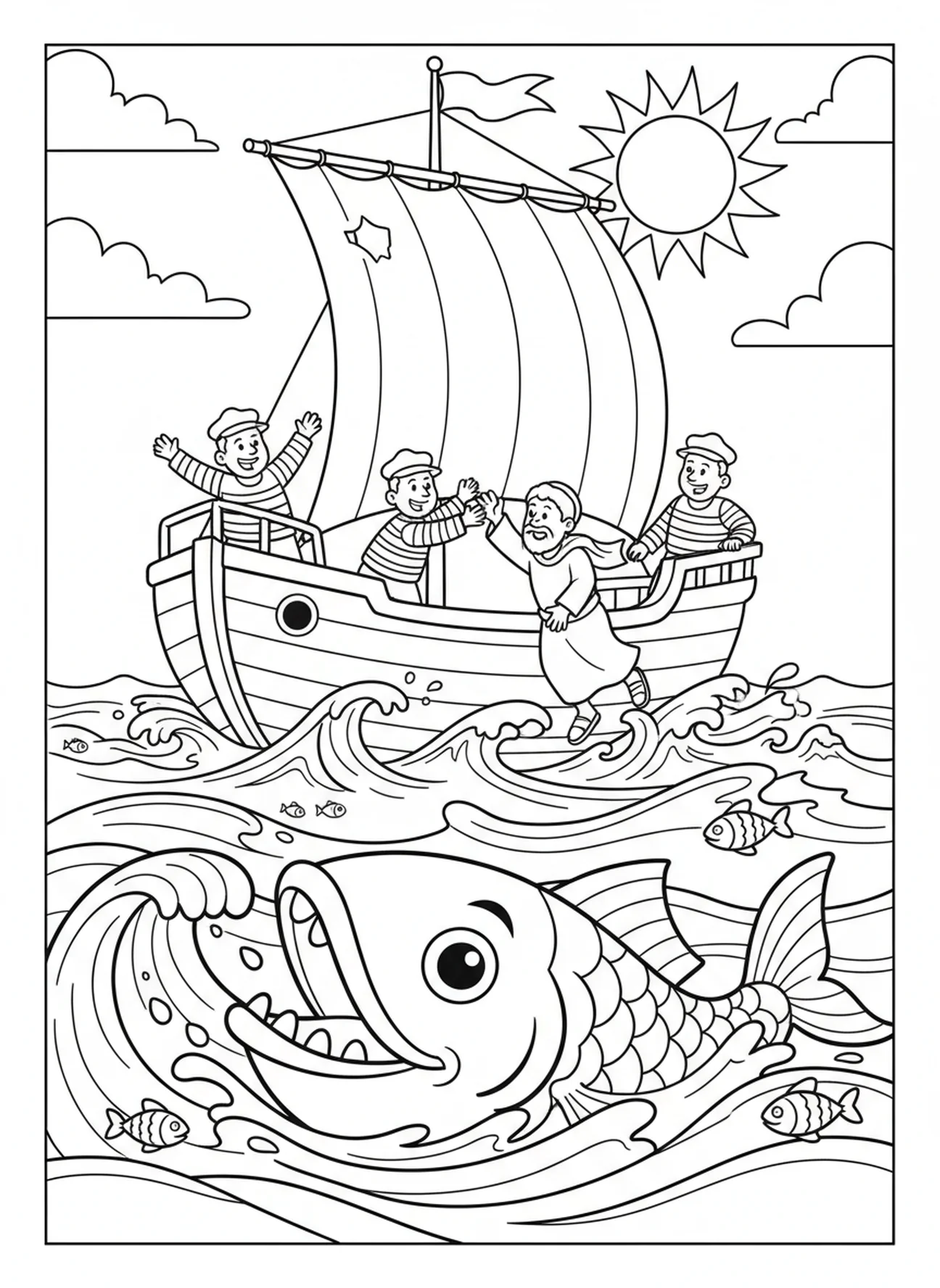 Noahs Arche, die im Regen schwimmt, mit Noahs Familie, Ausmalbild von Noahs Arche für Kinder im Alter von 5-10 Jahren