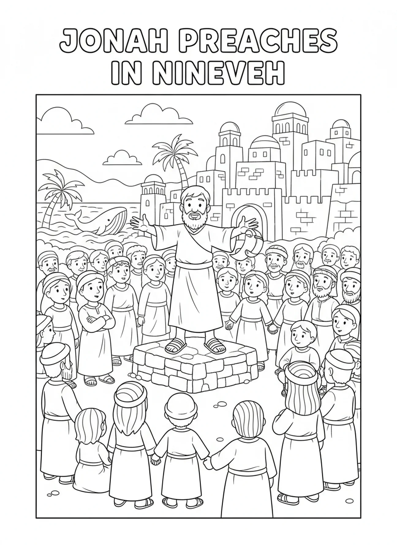 Noah und seine Familie beobachten das trockene Land, das nach der Flut erscheint, Ausmalbild von Noahs Arche für Kinder im Alter von 5-10 Jahren