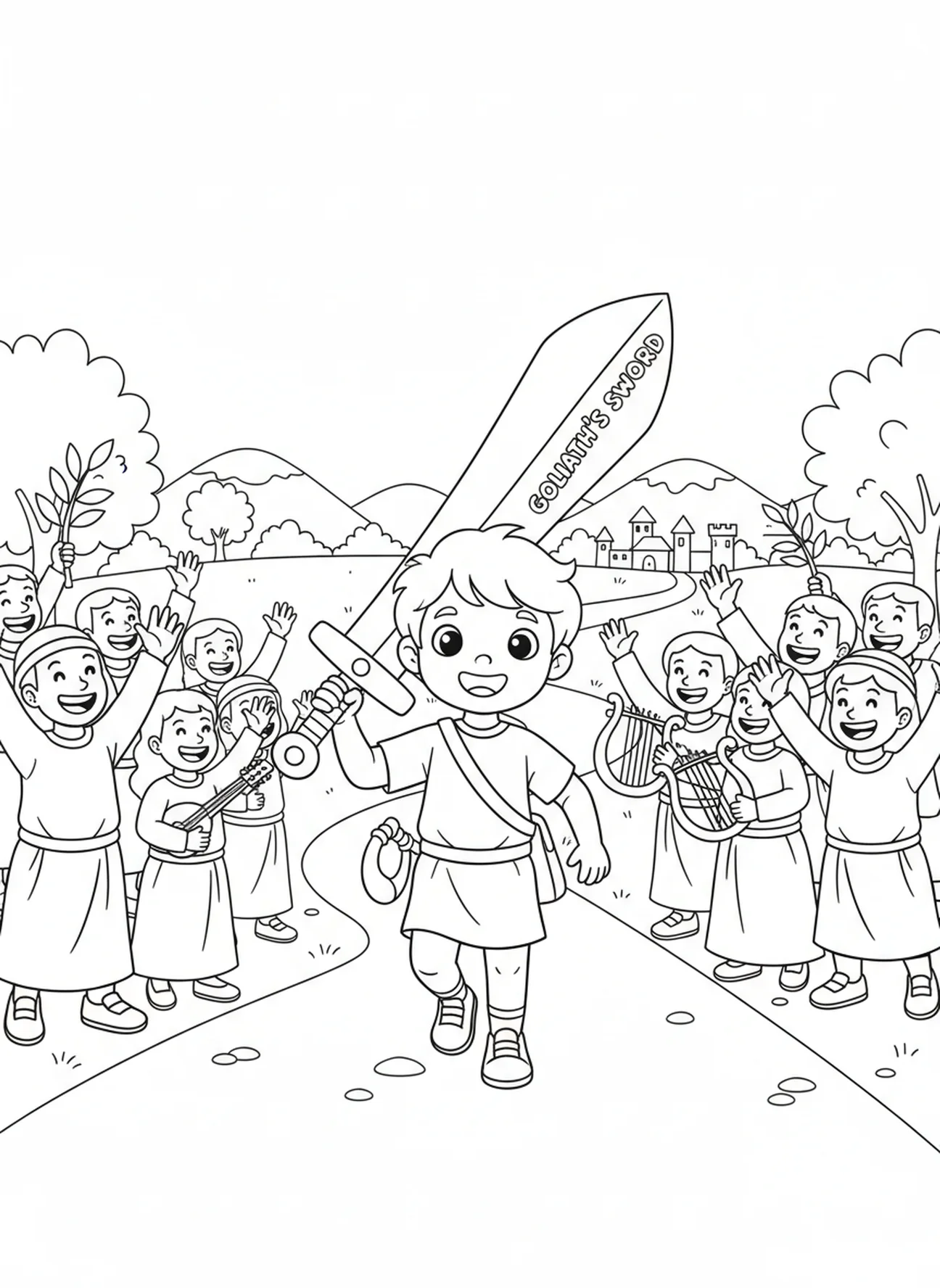 Smiling Noah standing on land with a big rainbow overhead. Noahs Ark coloring page for preschoolers age 3-5