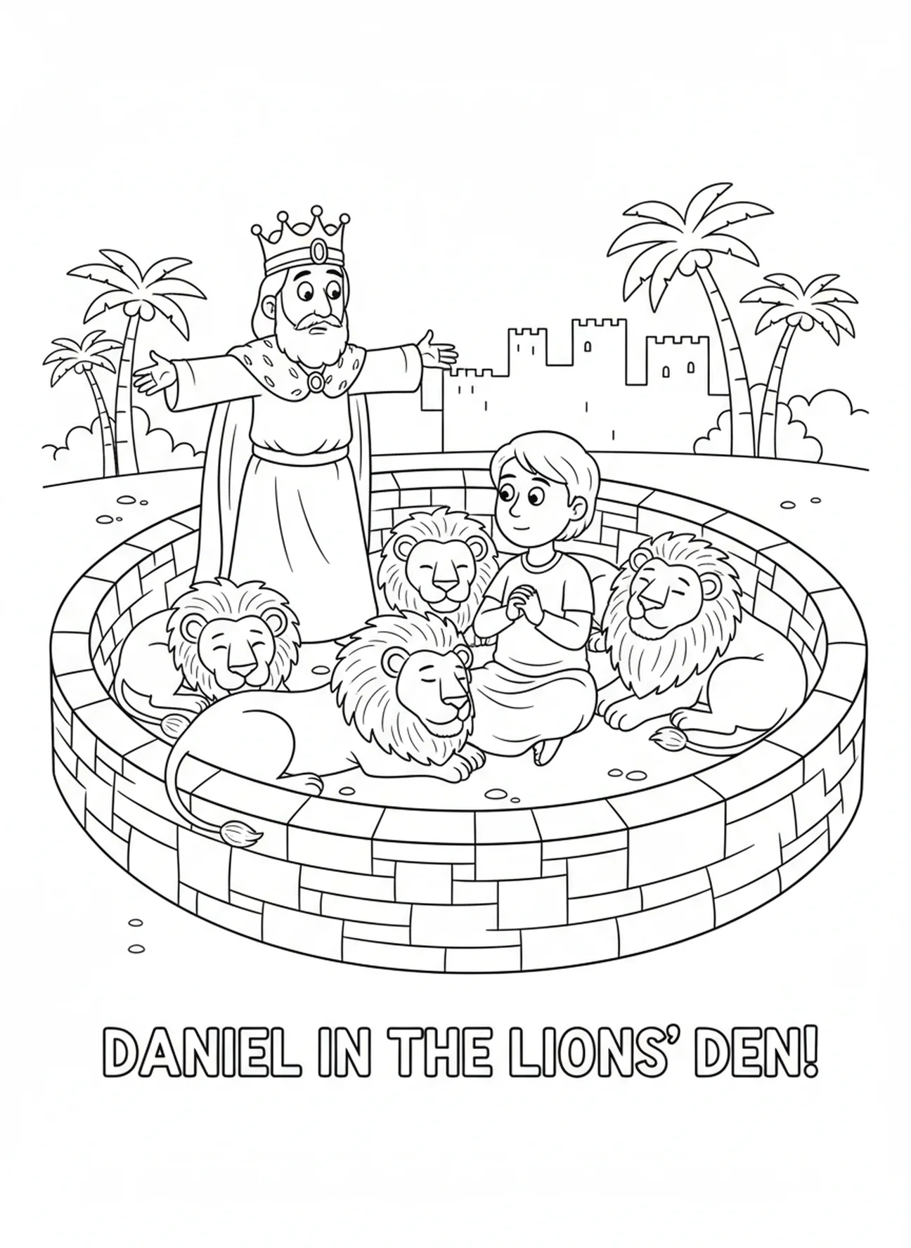 Die Arche schwebt auf den Fluten mit Noah und Tieren, die hinausblicken, Ausmalbild von Noahs Arche für Kinder in der Sonntagsschule im Alter von 5-12 Jahren.