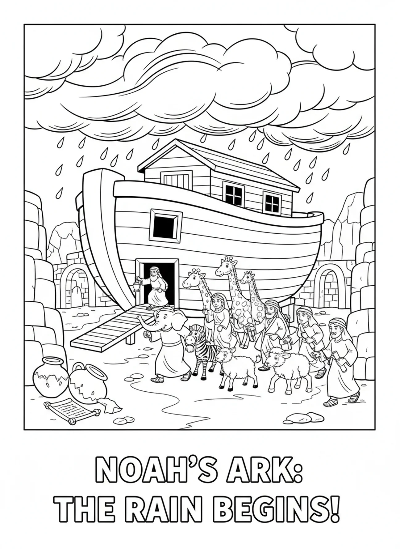 Noah und seine Familie bereiten sich auf den Regen vor, während dunkle Wolken über der Arche aufziehen. Ausmalbild von Noahs Arche für Kinder in der Sonntagsschule im Alter von 5-12 Jahren.