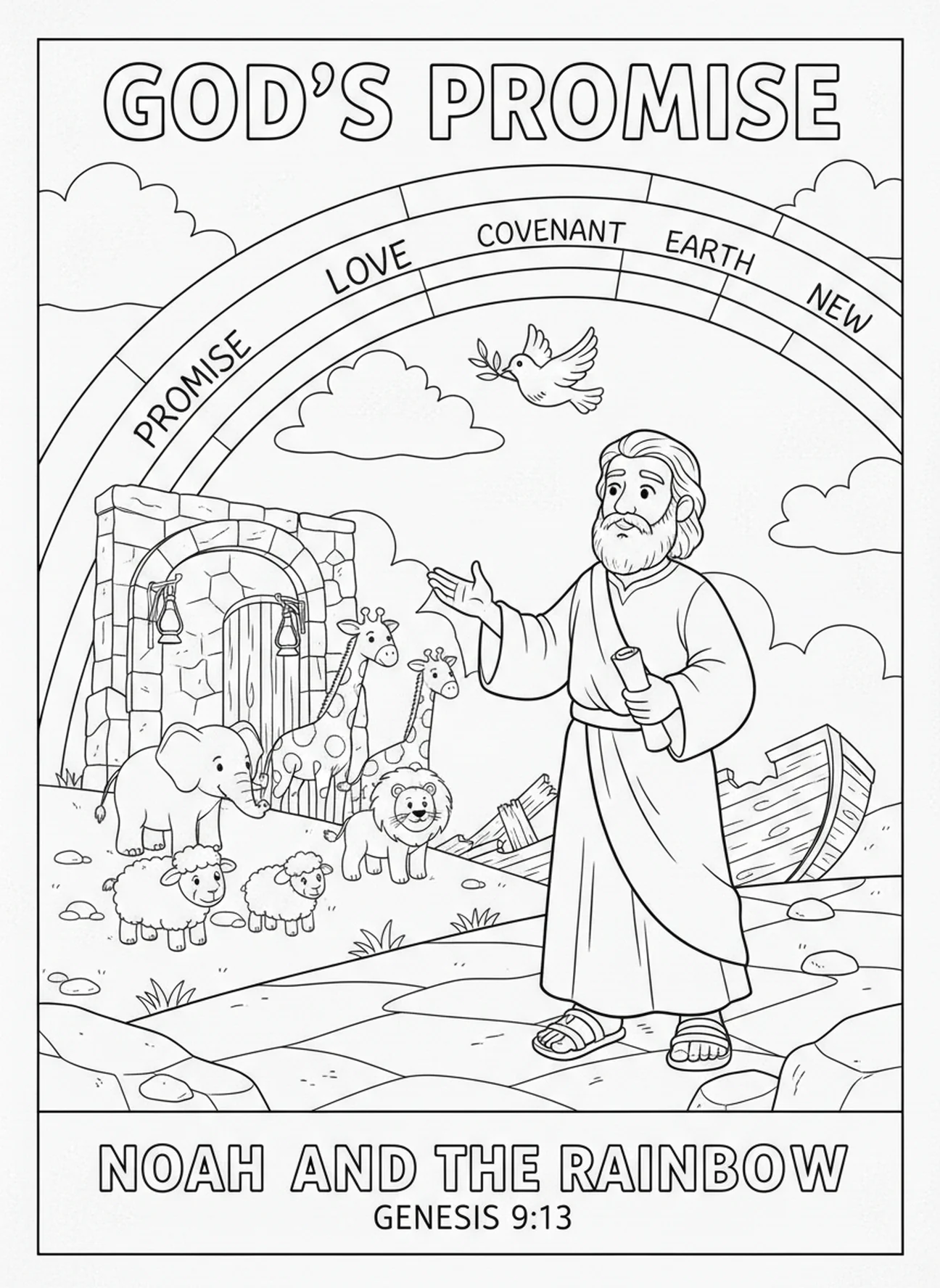 Noah steht auf trockenem Land mit einem Regenbogen darüber nach der Flut, Ausmalbild von Noahs Arche für Sonntagsschulkinder im Alter von 5-12 Jahren.