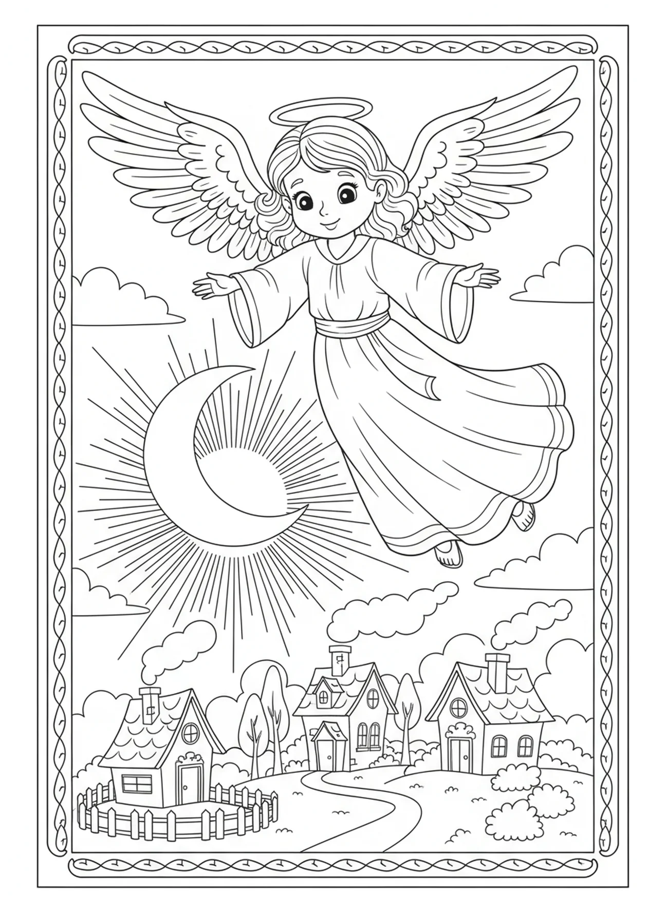 Friendly angel in the sky, Passover coloring page for kids age 5-10